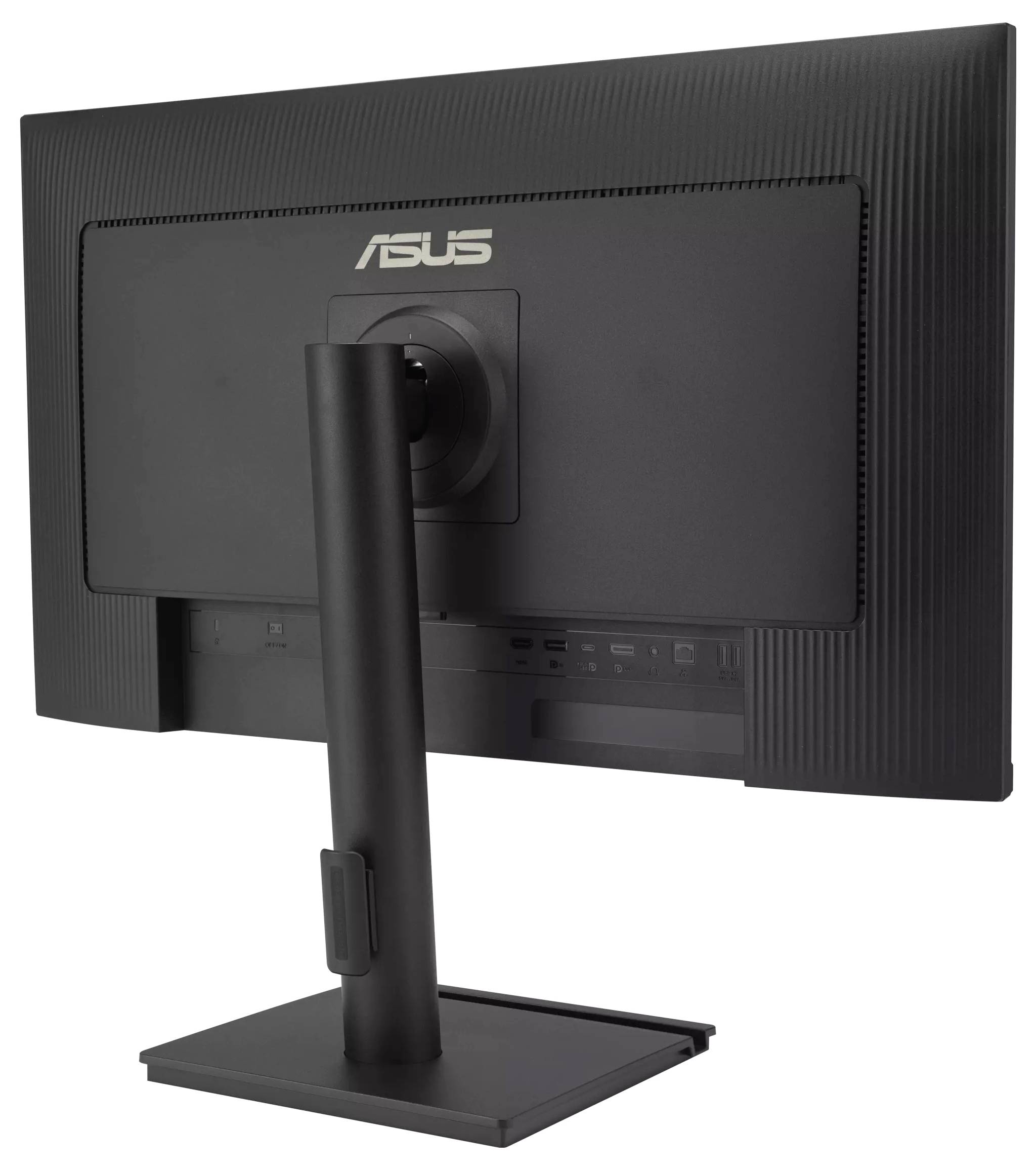 Ein von hinten gesehener schwarzer Monitor mit einem stabilen Ständer und verstellbarem Neigungsmechanismus, auf dessen oberer Rückseite das ASUS-Logo angebracht ist.
