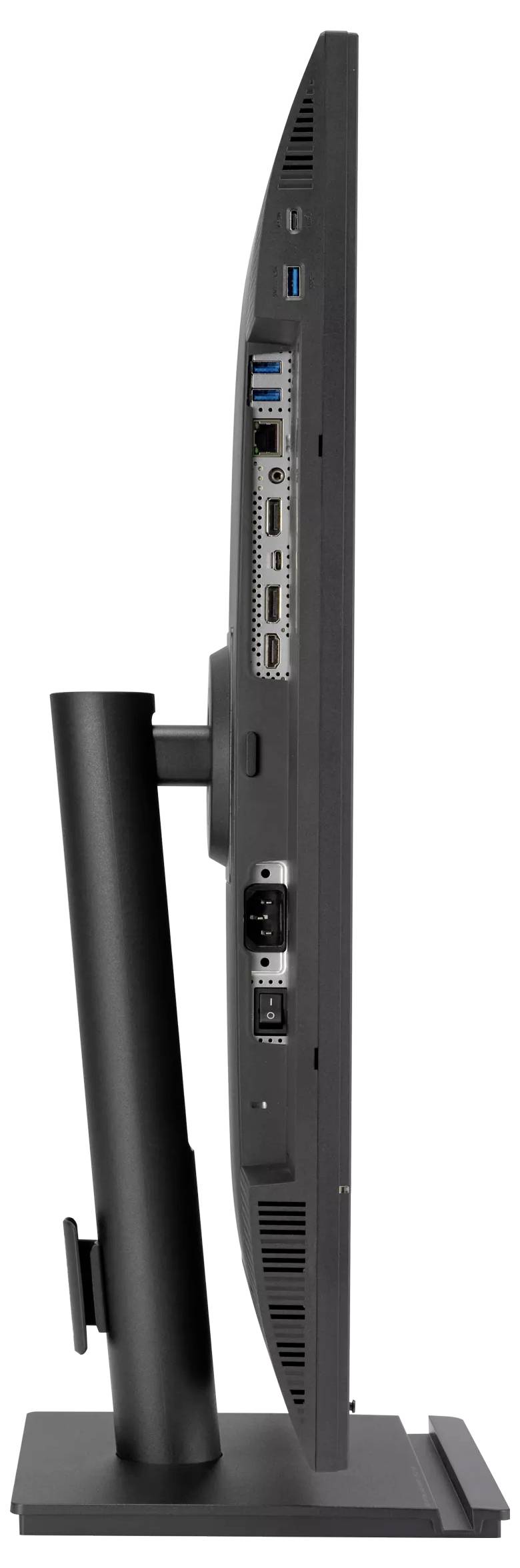 Seitenansicht eines eleganten Computermonitors mit Anschlüssen für die Konnektivität, einschließlich USB und HDMI, montiert auf einem verstellbaren schwarzen Ständer.
