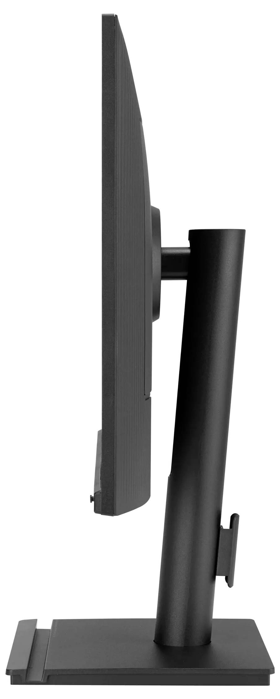 Seitenansicht eines schwarzen Computermonitors auf einem Ständer, der sein dünnes Profil und die verstellbare Neigungsfunktion zeigt.