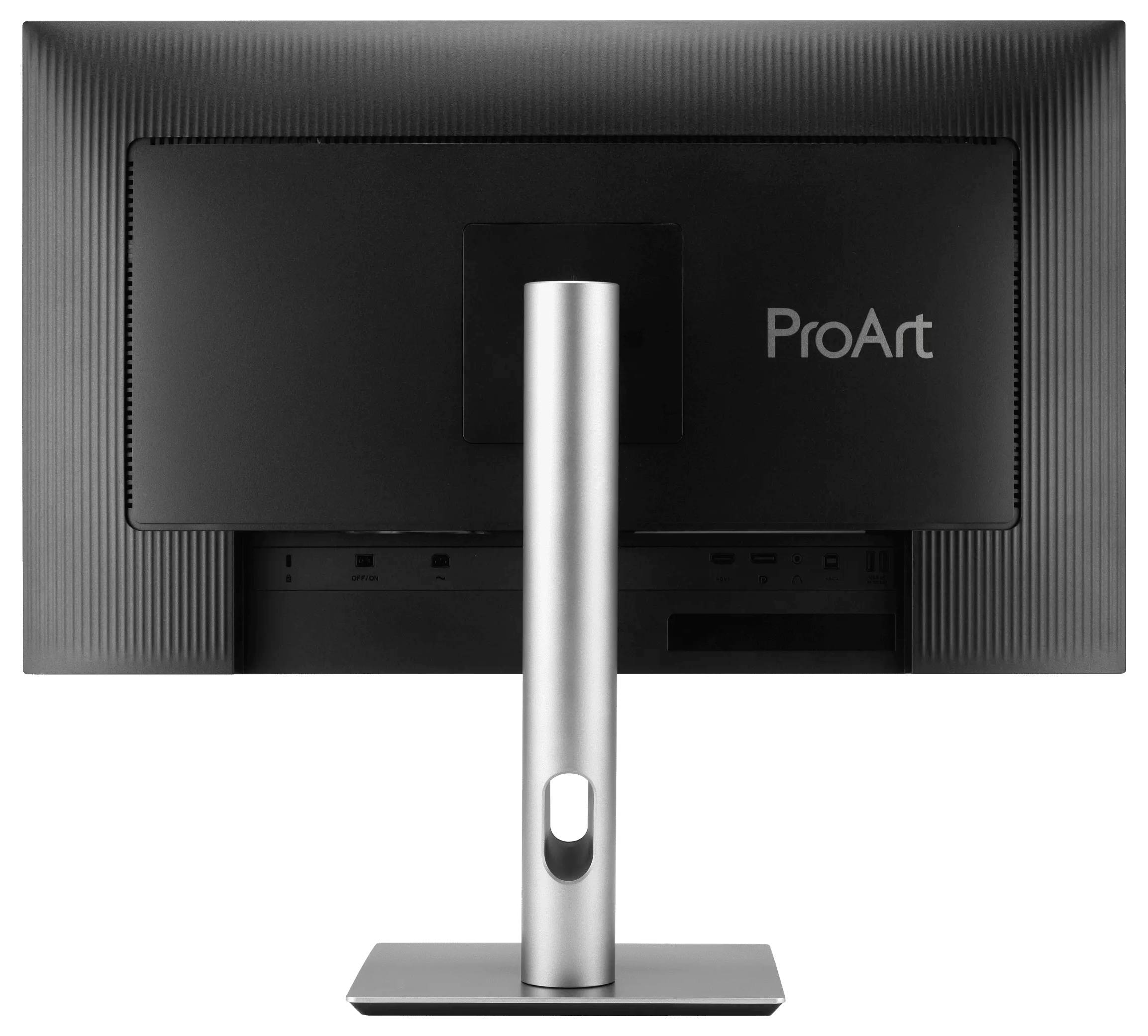 Ein schwarzer, von hinten aufgenommener Computermonitor mit der Bezeichnung „ProArt