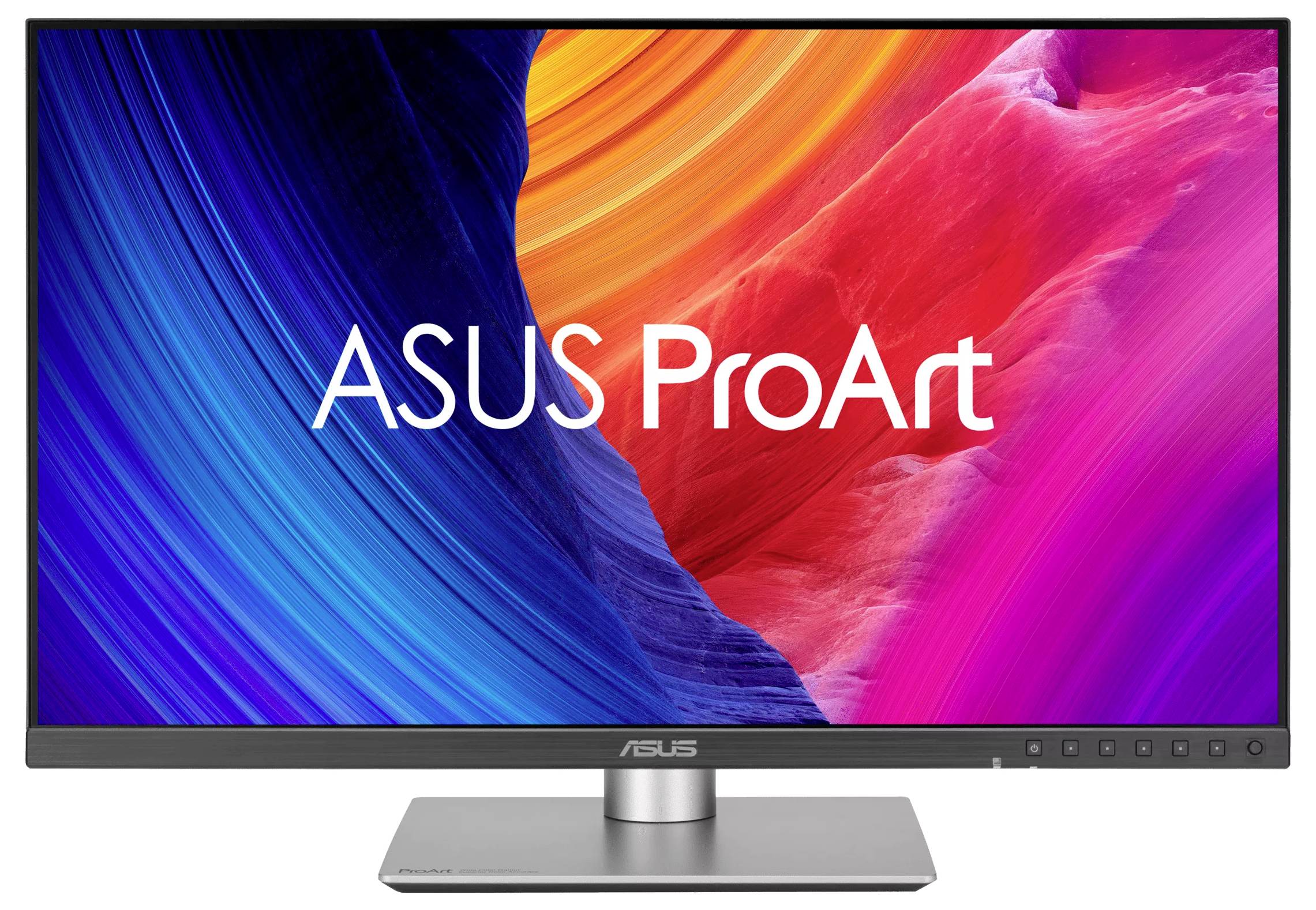 ASUS ProArt Monitor mit lebendiger Farbdarstellung, die blaue, gelbe und rote abstrakte Wirbel zeigt.