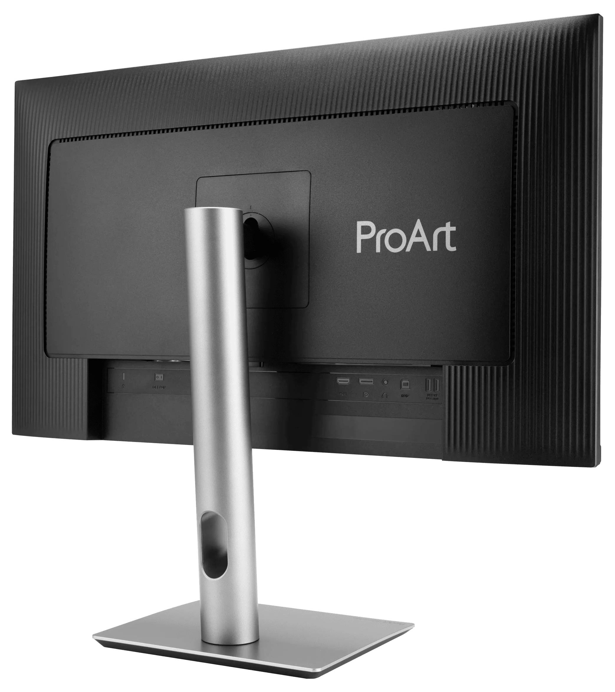 Ein eleganter Computermonitor von hinten betrachtet, mit einem metallischen Ständer und dem Wort 