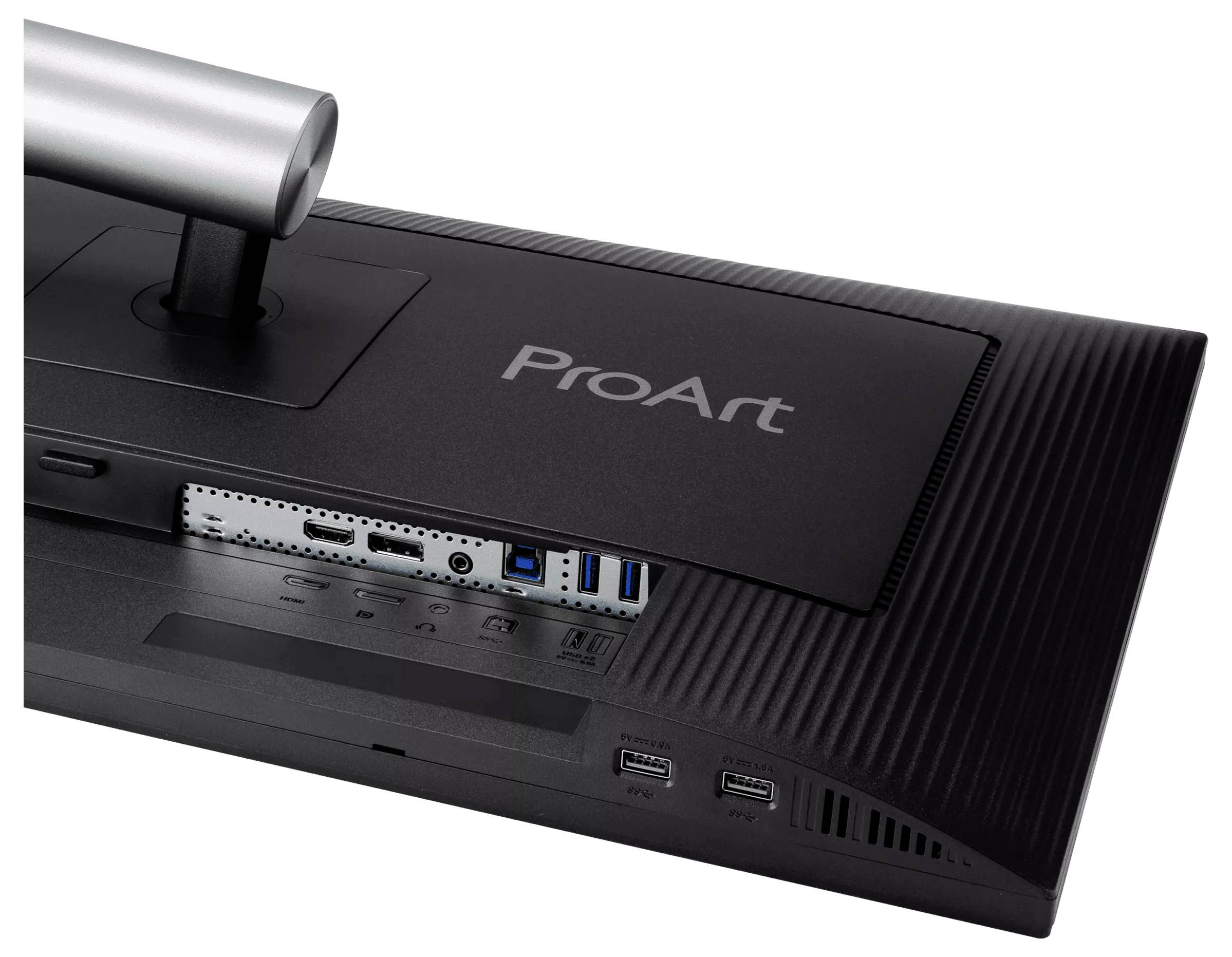 Rückansicht eines schwarzen ASUS TUF Gaming Monitors mit eckigem Design und dem TUF Gaming Logo, das seine Anschlüsse und Ständerkonstruktion zeigt.