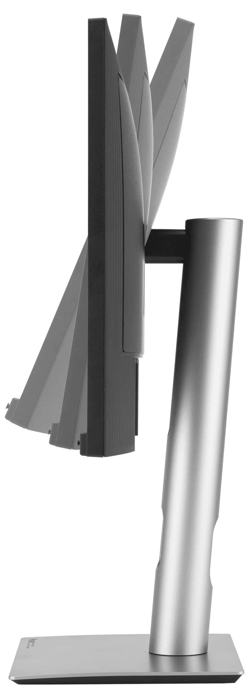 Das Bild zeigt einen Computerbildschirm mit einem kippbarem Bildschirm auf einem silbernen Ständer und zeigt einstellbare Betrachtungswinkel.