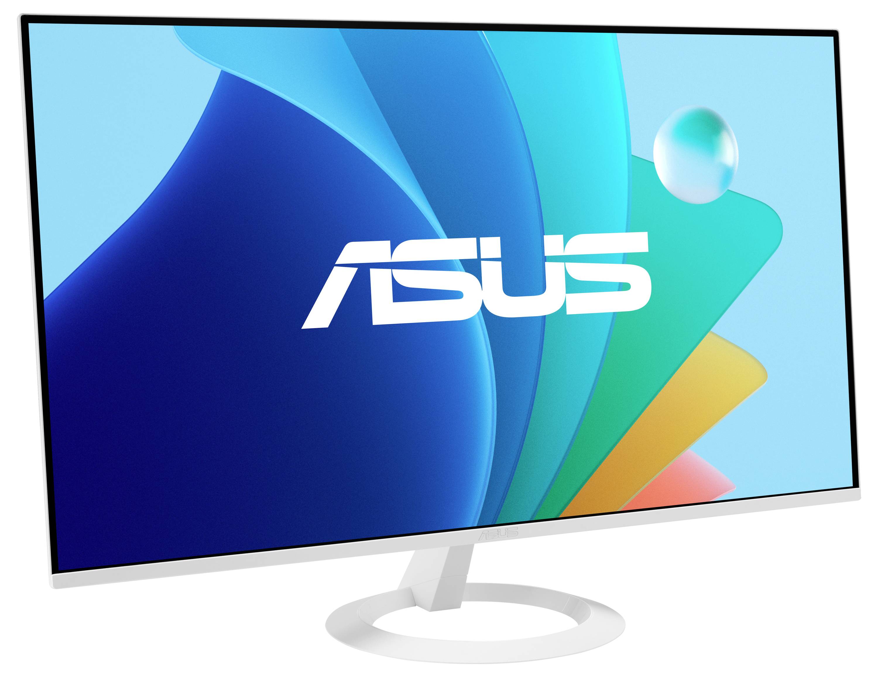 Ein eleganter Computermonitor, auf dem das ASUS-Logo auf einem lebendigen, farbenfrohen abstrakten Hintergrund angezeigt wird.