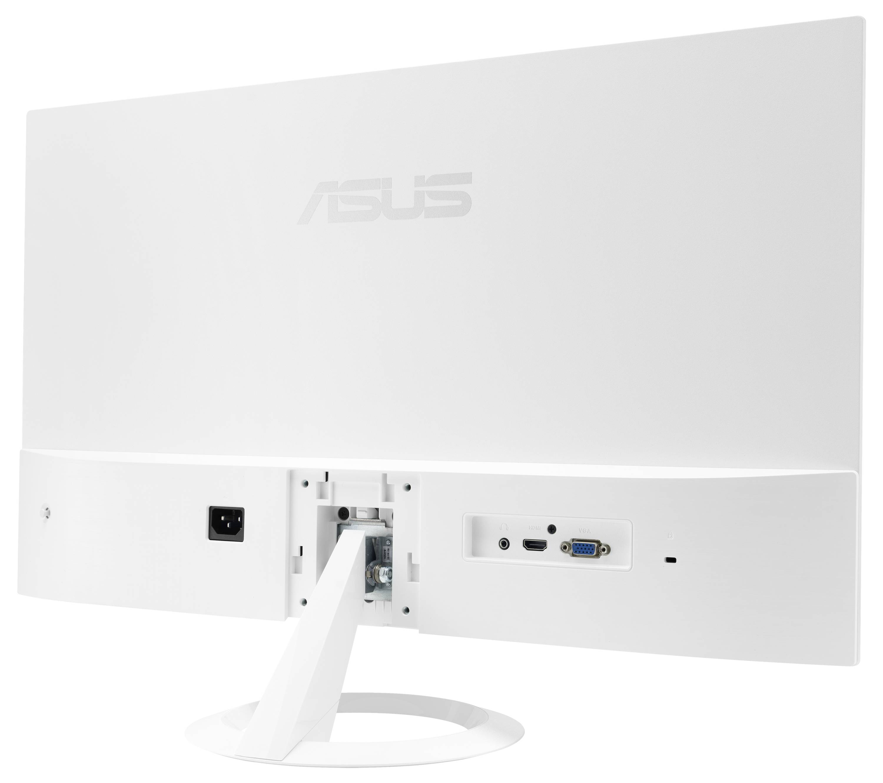 Rückansicht eines weißen Computermonitors mit sichtbaren Anschlüssen einschließlich VGA, HDMI und Stromeingang. Das Markenlogo ist schwach sichtbar.