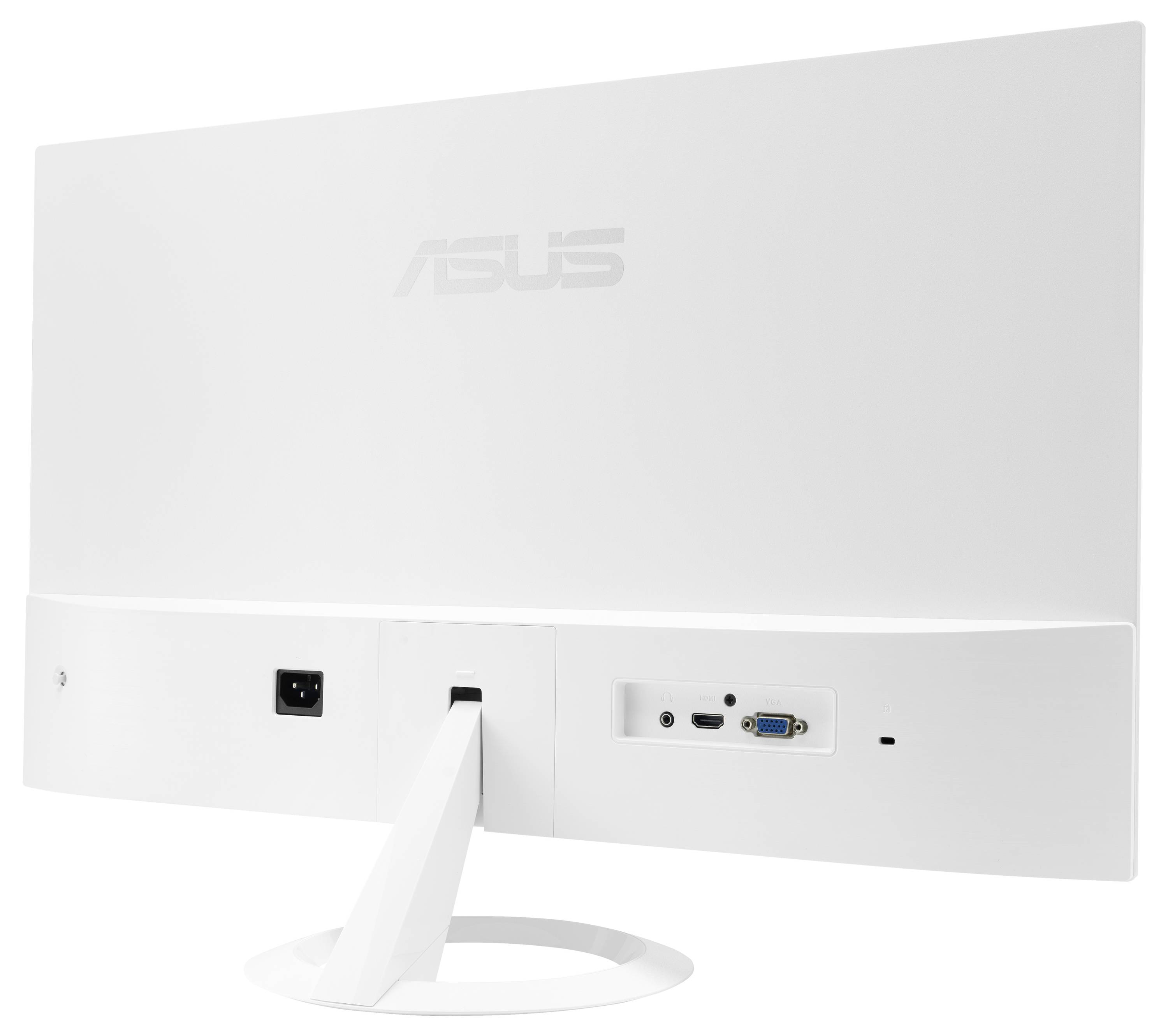 Ein weißer Computermonitor von hinten betrachtet, mit angezeigten Anschlüssen einschließlich VGA, HDMI und Stromeingabe, auf einem weißen Ständer.