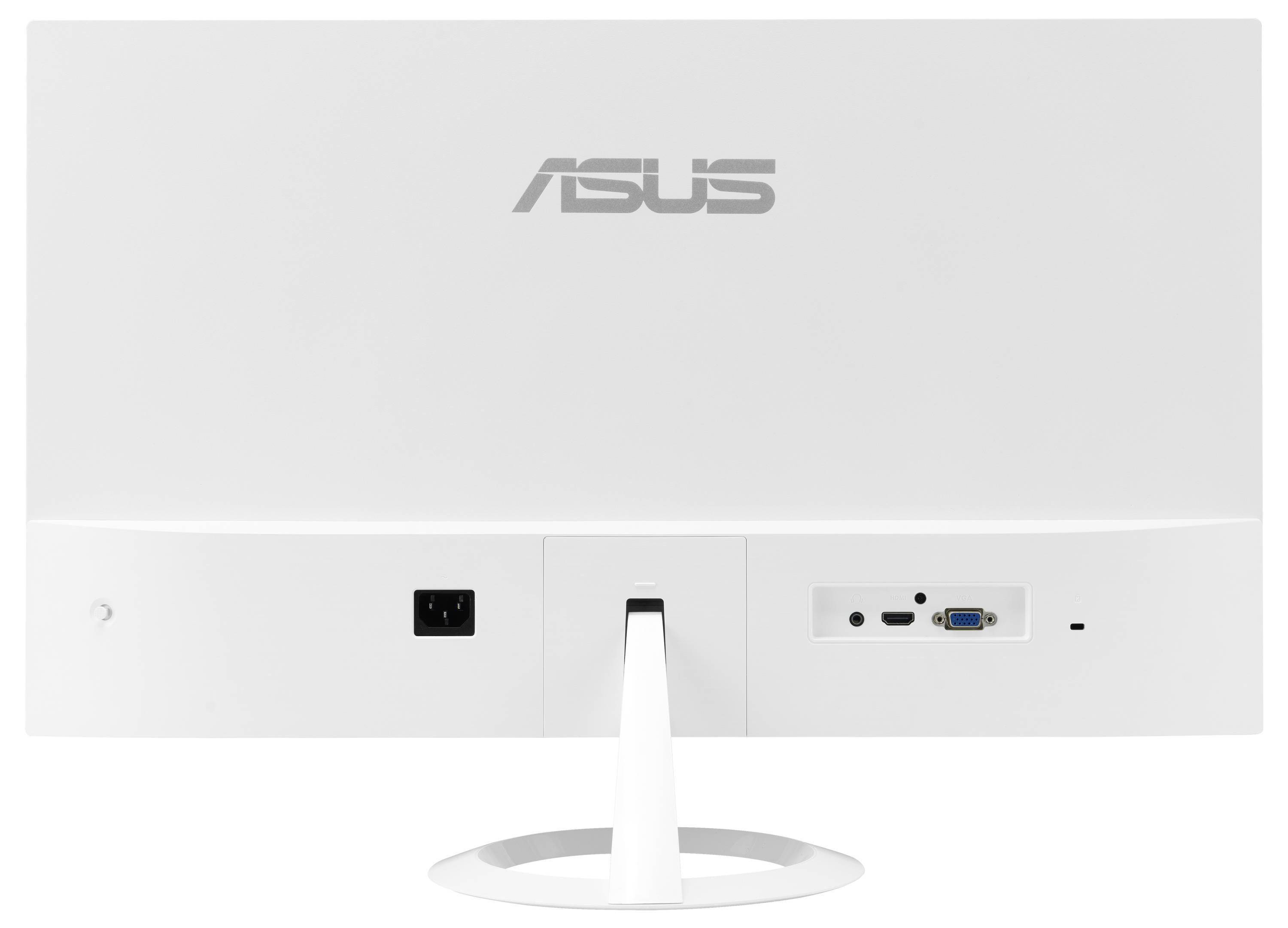 Rückansicht eines weißen ASUS-Computermonitors mit Stromanschluss, HDMI-, VGA- und Audioeingängen.