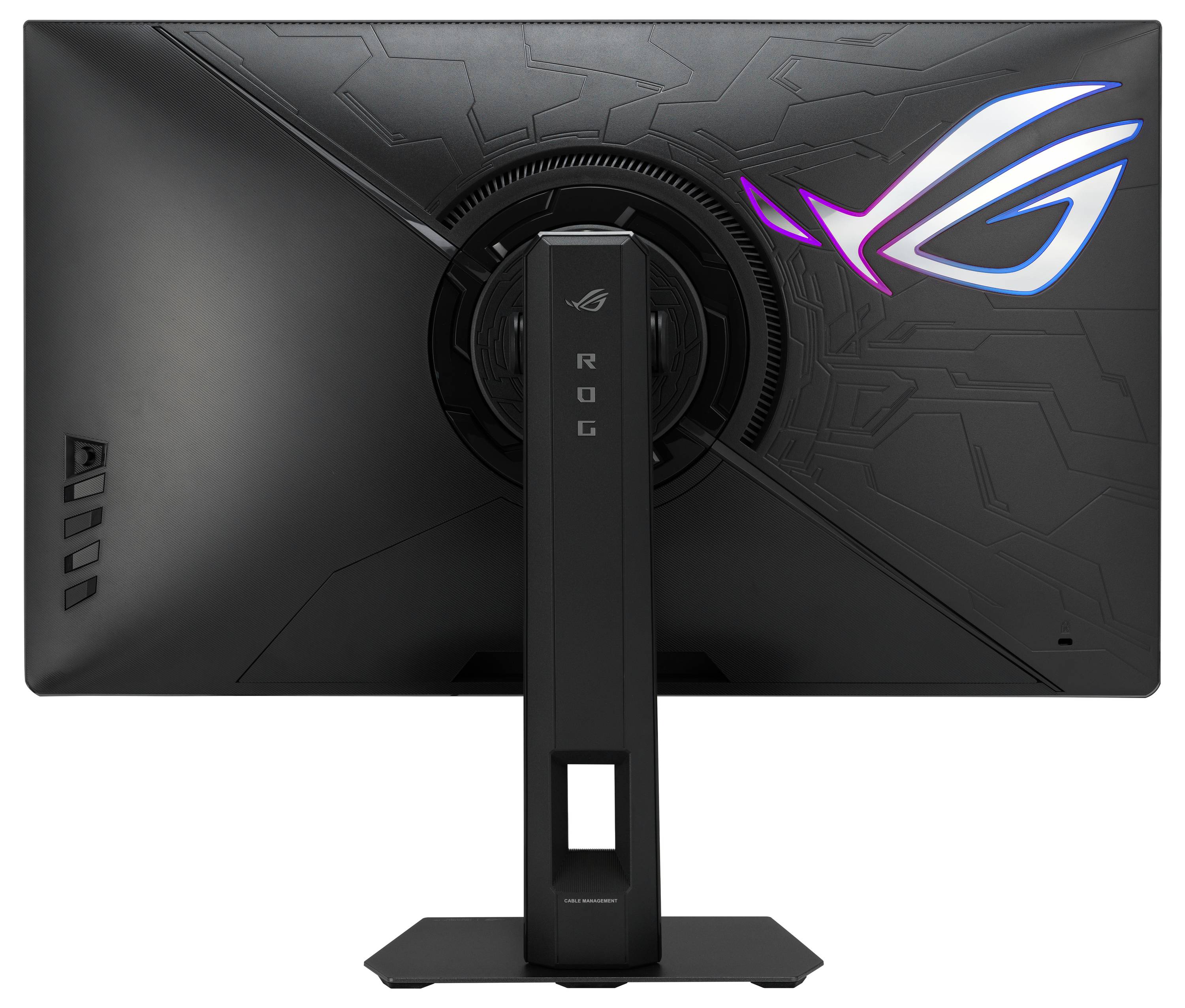 Rückansicht eines schwarzen Gaming-Monitors mit Neon-Logo und robustem Ständer, zeigt schlankes, kantiges Design und Branding-Details.
