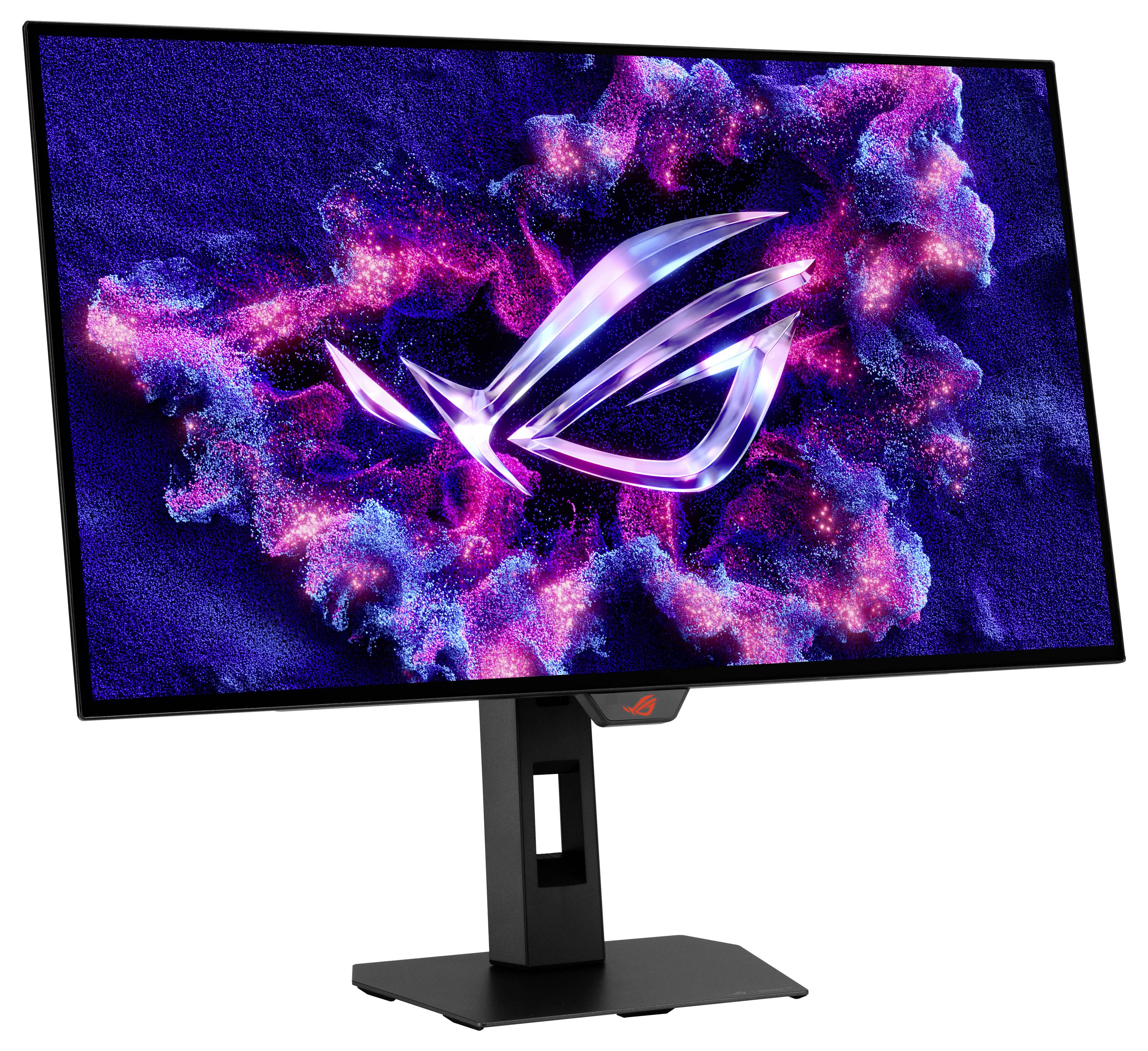 Ein Gaming-Monitor mit einem lebendigen Display, auf dem ein abstraktes Design eines stilisierten Logos inmitten farbenfroher, wirbelnder Wolken auf dem Bildschirm zu sehen ist.