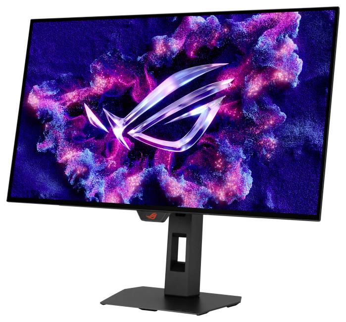 Ein eleganter Computermonitor, auf dem ein lebendiges ROG-Logo vor einem farbenfrohen, abstrakten Hintergrund angezeigt wird. Der Monitor verfügt über einen robusten, verstellbaren Ständer.