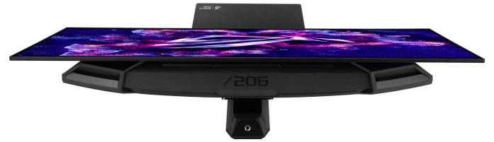 Ein schwarzer, horizontal positionierter Bildschirm mit bunten abstrakten Grafiken, auf einem schlanken Ständer montiert, aus einer geneigten Perspektive betrachtet.