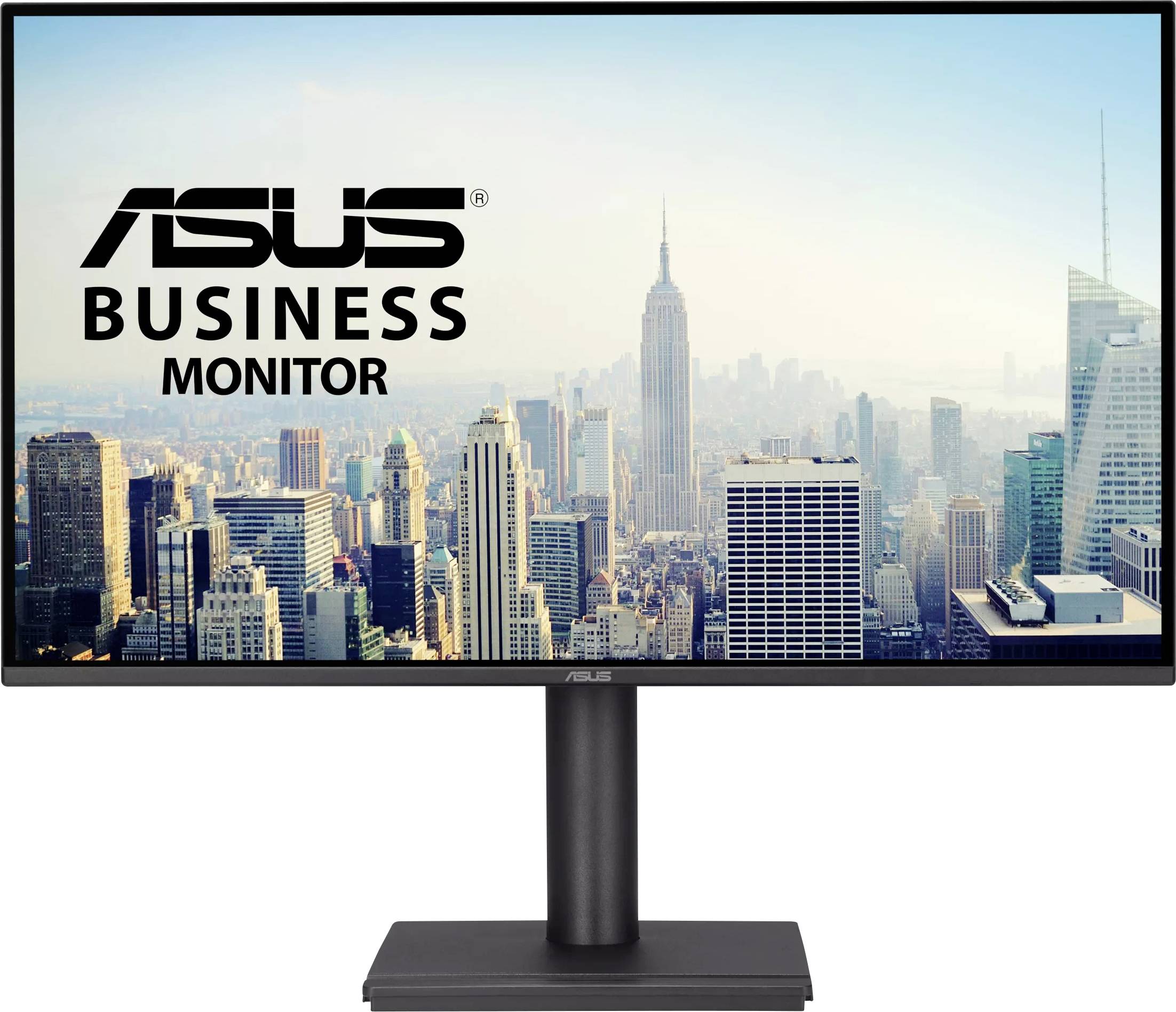 ASUS Business Monitor zeigt eine Stadtsilhouette mit Wolkenkratzern unter klarem blauem Himmel.