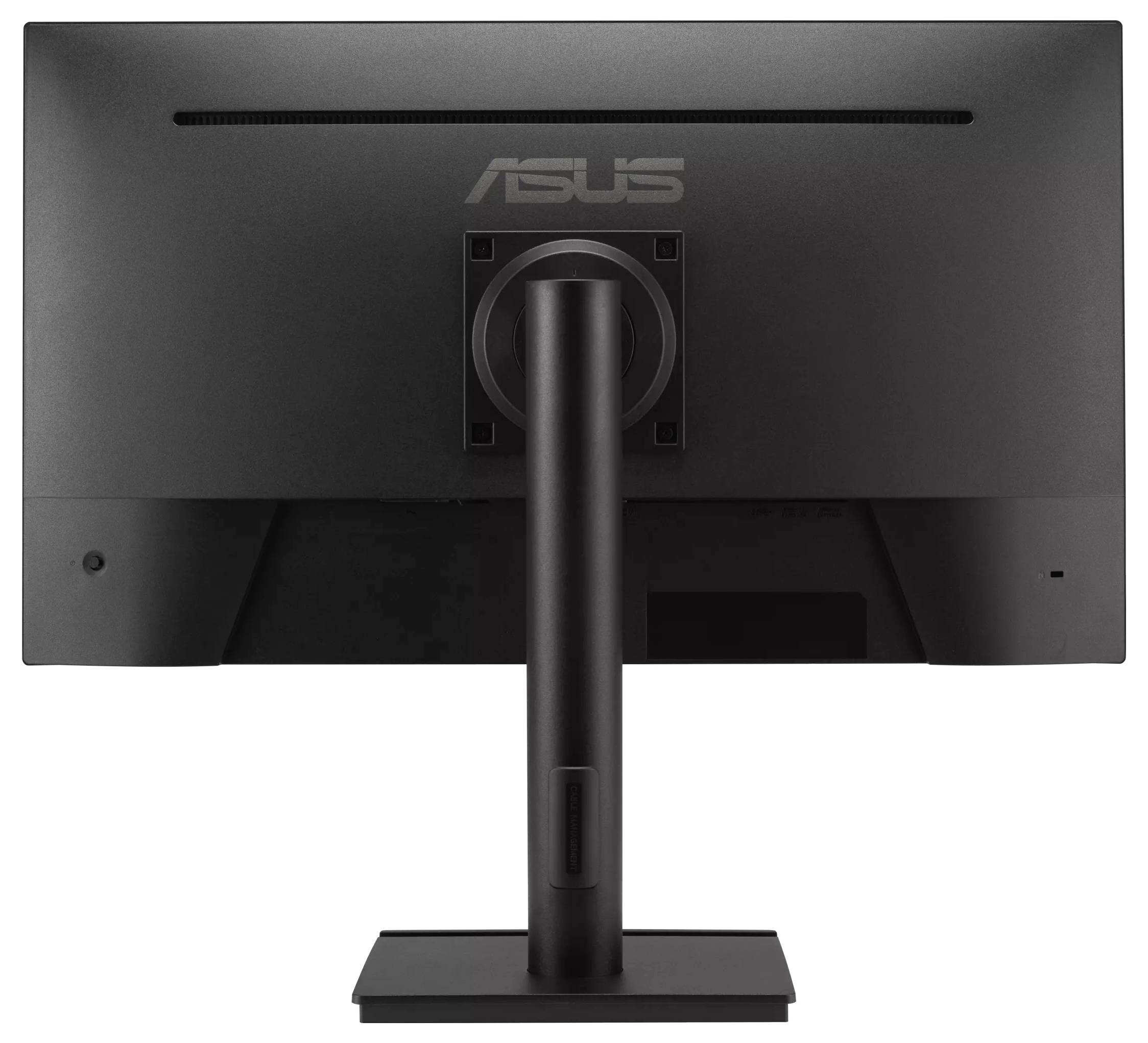 ASUS-Computermonitor, von hinten gezeigt, wobei der Ständer und das Markenlogo hervorgehoben werden.