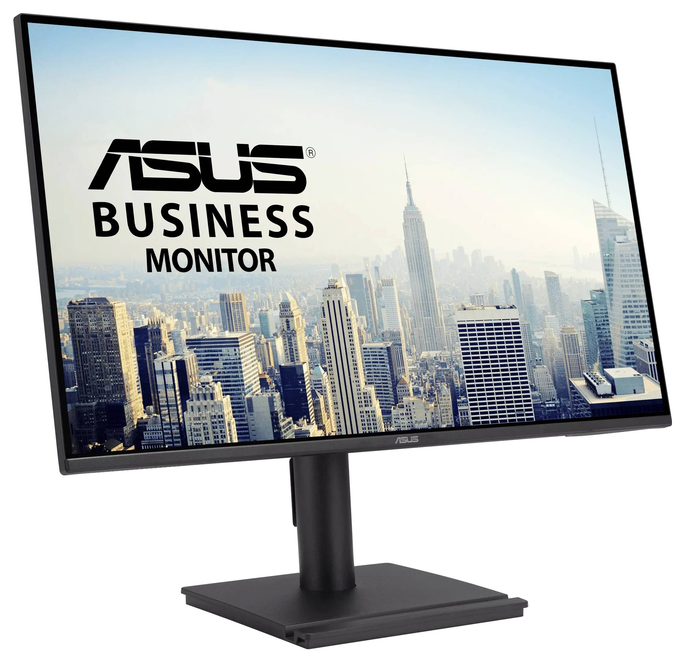 Ein Computermonitor zeigt eine Stadtskyline an, über der der Text „ASUS BUSINESS MONITOR