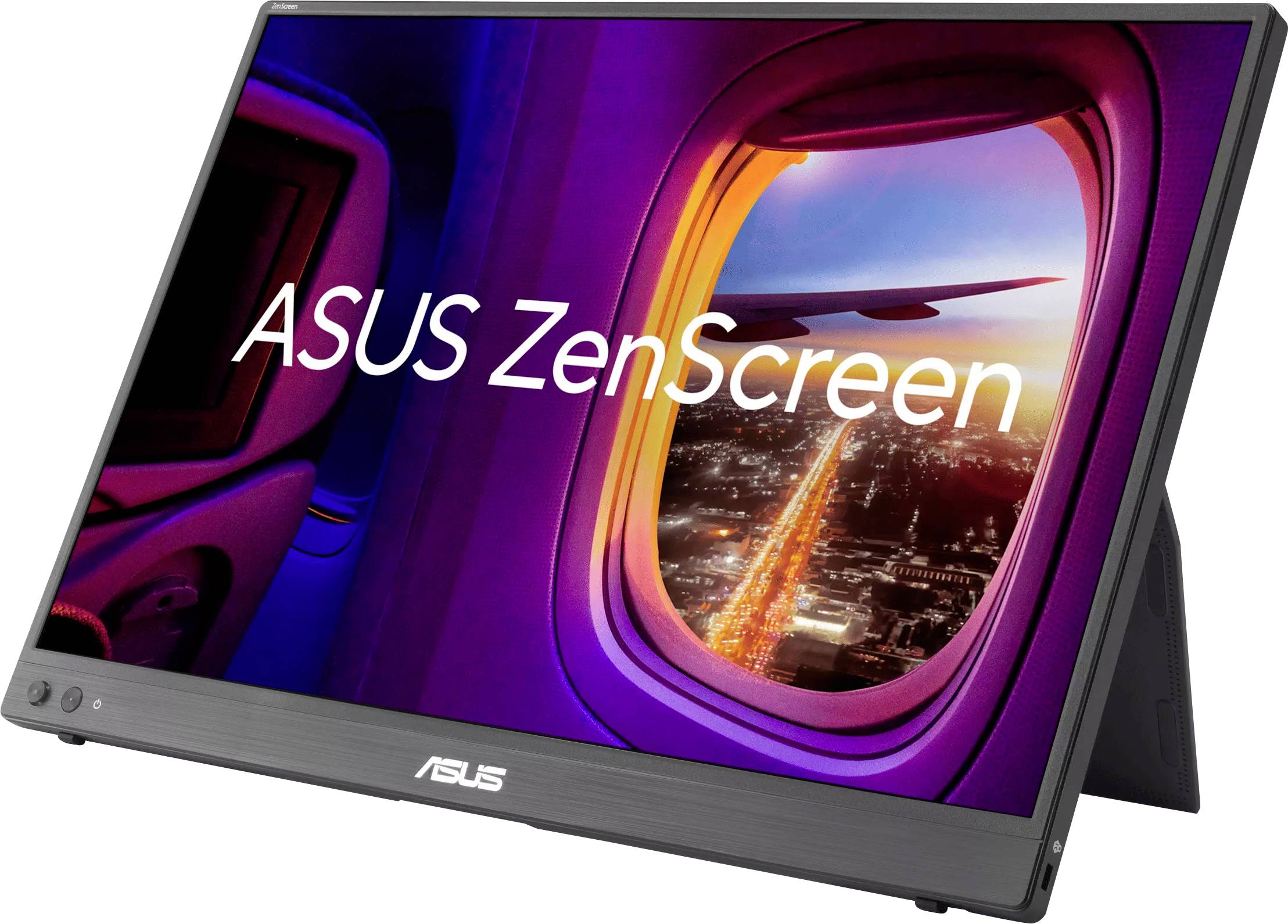 Ein tragbarer ASUS ZenScreen-Monitor zeigt ein Bild aus einem Flugzeugfenster mit einer lebendigen Stadtlandschaft darunter und dem sichtbaren Flügel.
