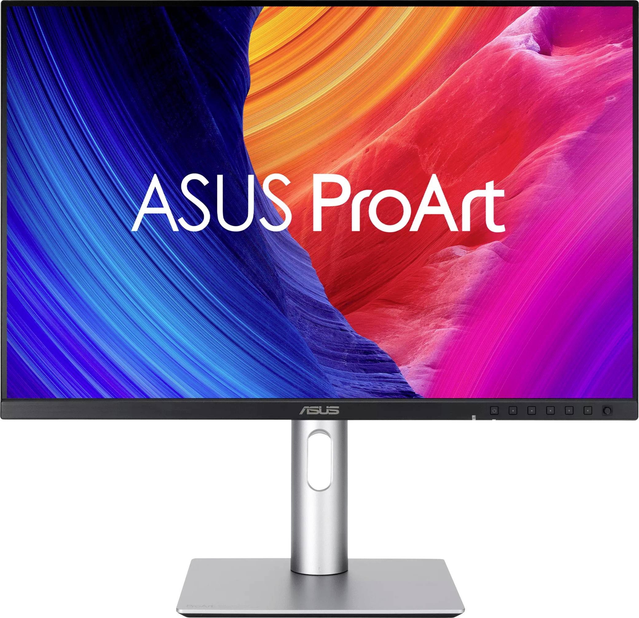 ASUS ProArt Monitor mit lebendigem, farbenfrohem Bildschirm, der ein wirbelndes Gemisch aus Blau-, Orange- und Rottönen zeigt.