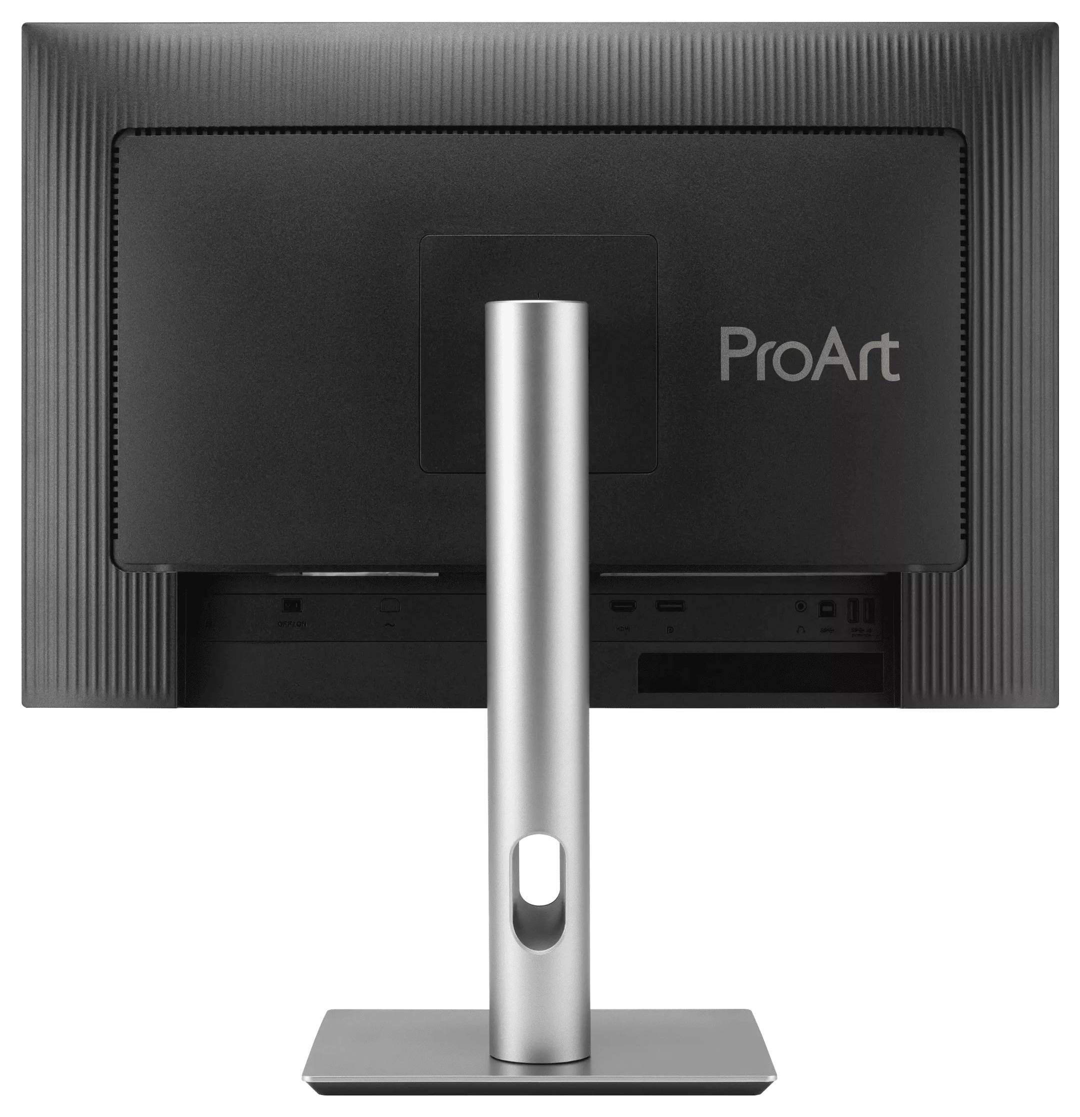 Rückansicht eines schwarzen ProArt-Computermonitors mit silbernem Ständer, der eine strukturierte Blende und das Markenlogo auf dem Gehäuse zeigt.