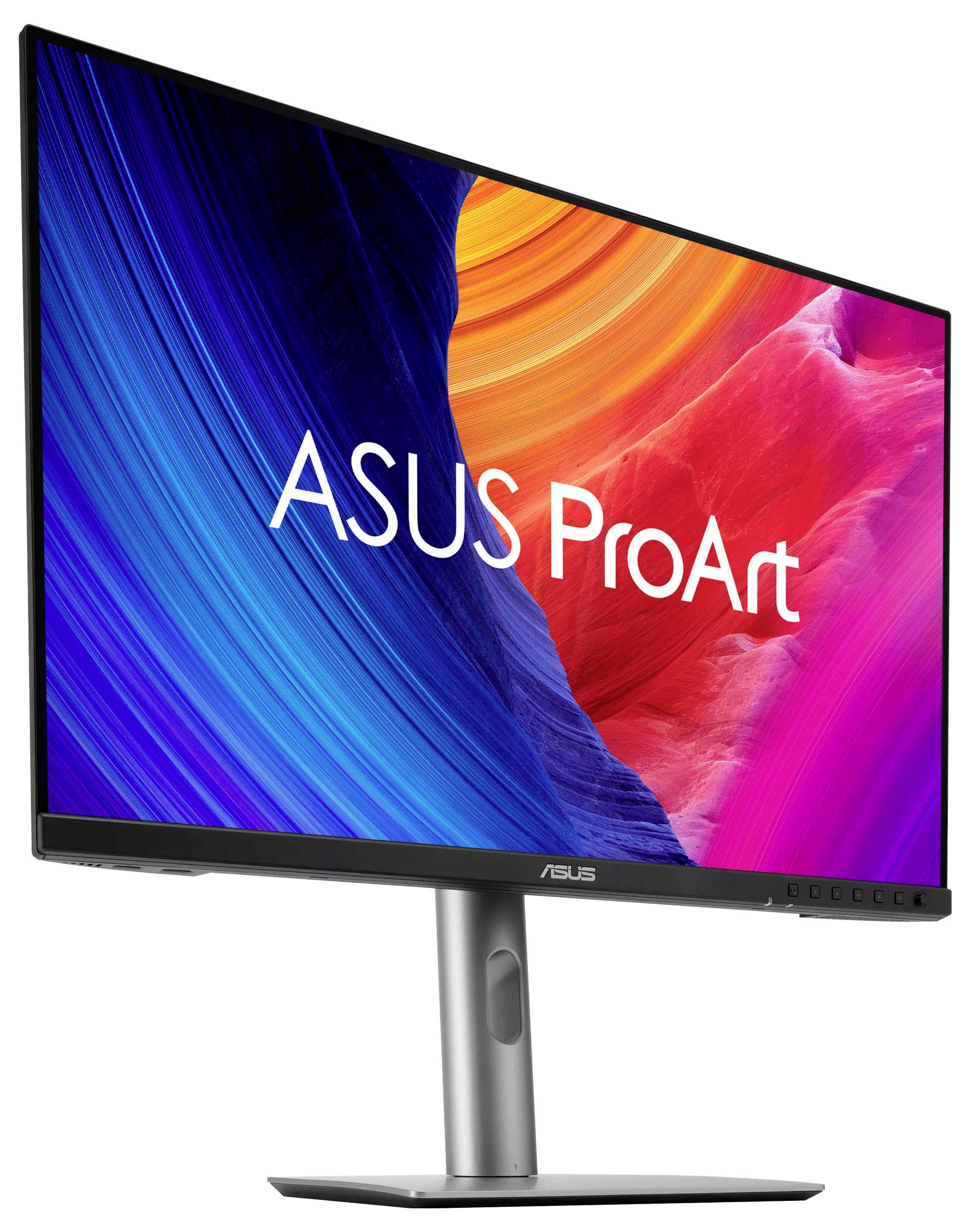 ASUS ProArt Monitor mit einem lebendigen, mehrfarbigen abstrakten Hintergrund, der auf dem Bildschirm angezeigt wird und das Logo „ASUS ProArt