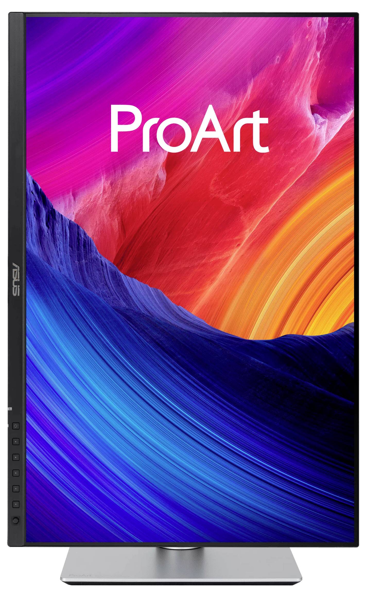 ASUS ProArt Monitor mit lebendigem abstraktem Design auf dem Bildschirm, das wirbelnde Farbtöne von Rot, Orange und Blau zeigt und Kreativität betont.