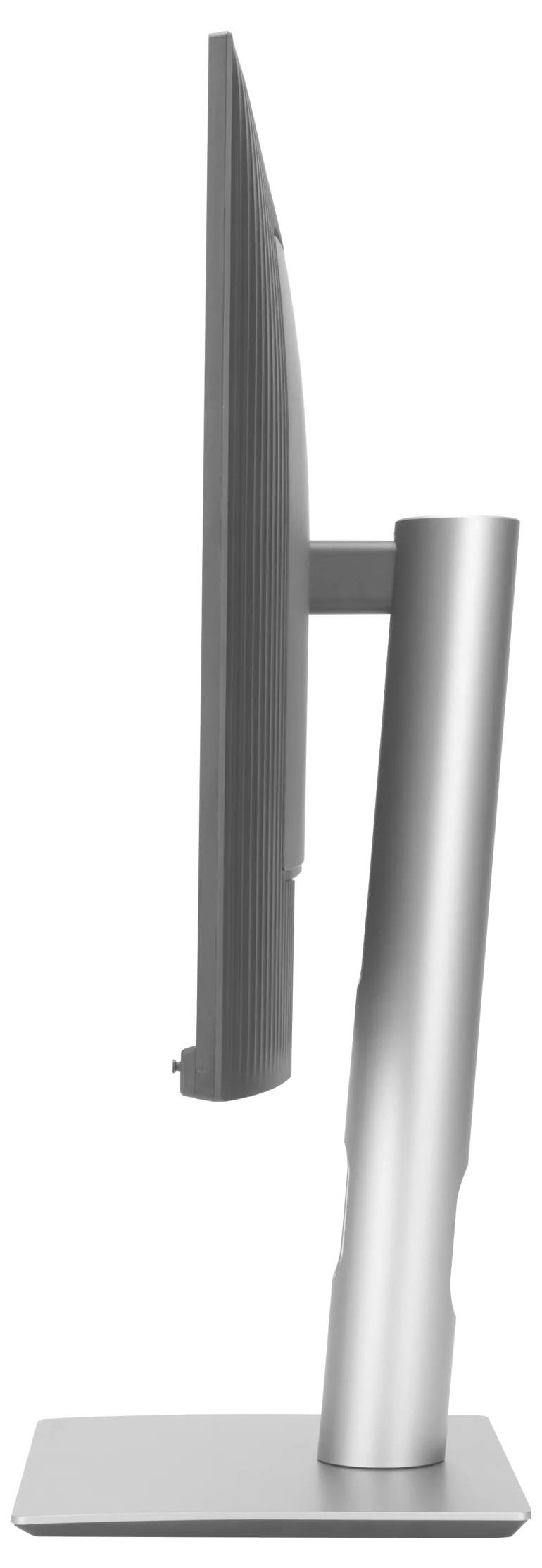 Seitenansicht eines schlanken, silbernen Computermonitors auf einem Ständer. Der Monitor hat ein dünnes Profil und einen verstellbaren Ständer für ergonomische Verwendung.