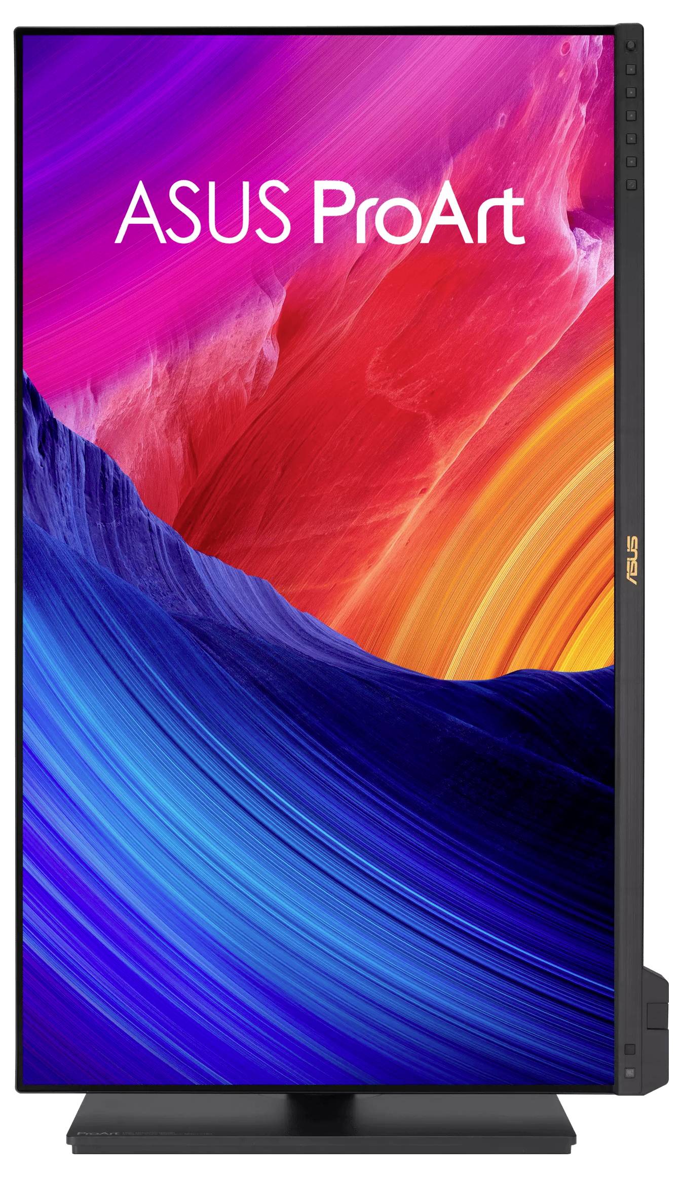 Ein vertikal ausgerichteter ASUS ProArt Monitor mit einem lebendigen abstrakten Hintergrund aus wirbelnden roten, rosa, orange- und blauen Farbverlläufen.
