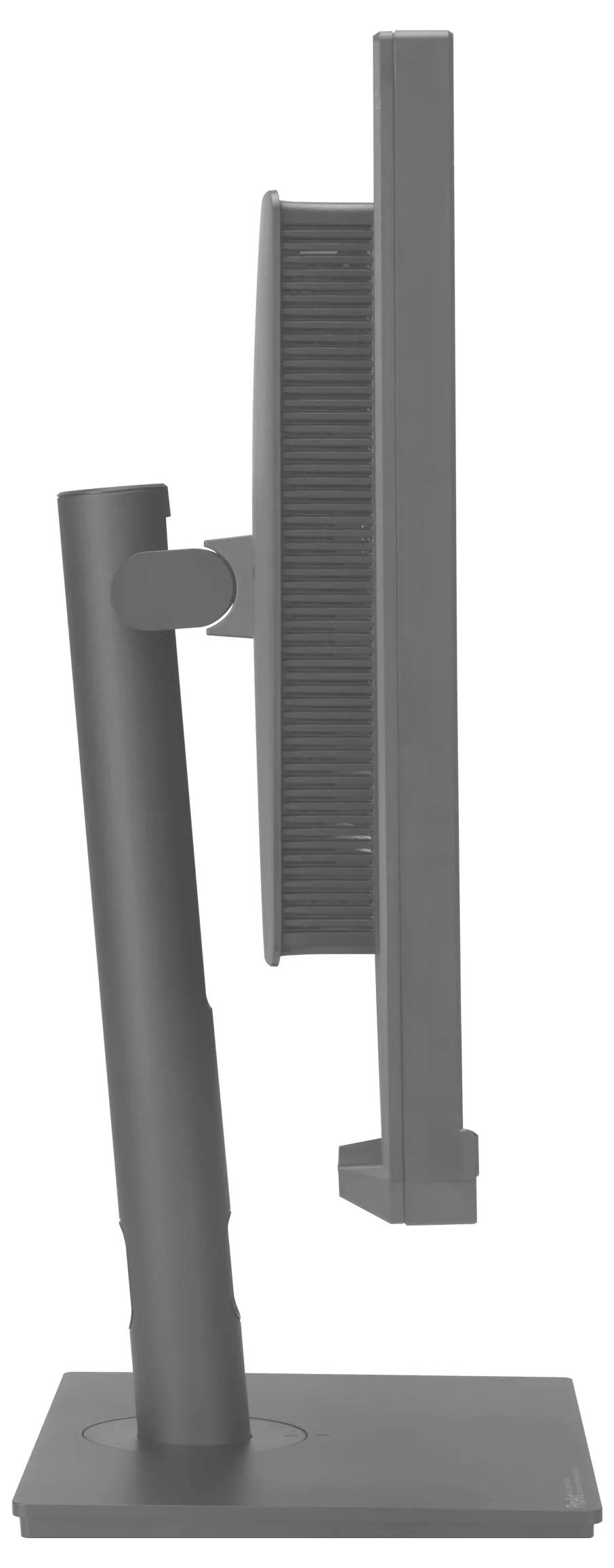 Eine Seitenansicht eines flachen Computermonitors auf einem Ständer, der sein schlankes Design und die verstellbare Höhenfunktion zeigt.