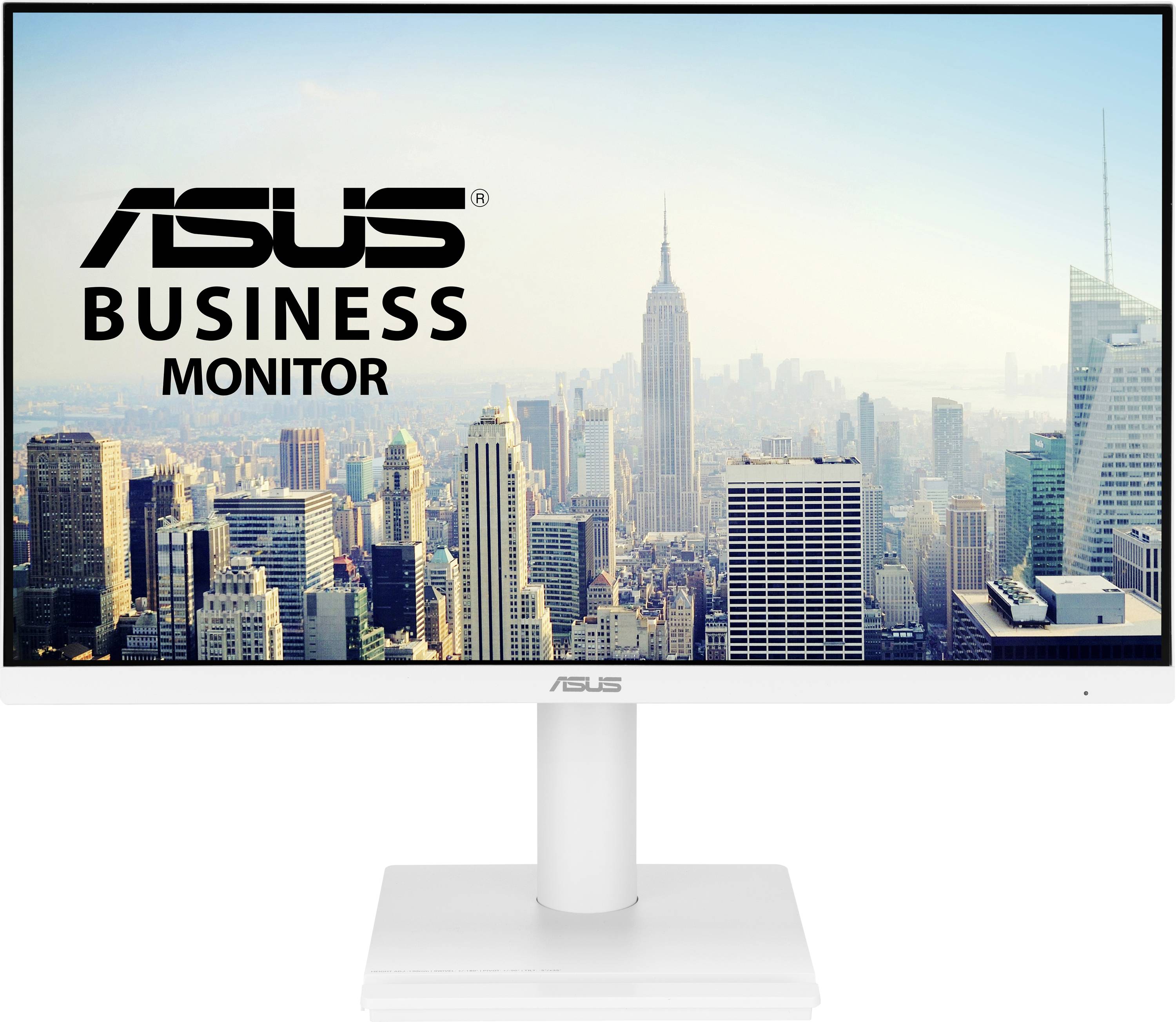 Eine Stadtskyline mit hohen Gebäuden unter einem klaren Himmel wird auf einem Asus-Monitorbildschirm angezeigt. Der Text lautet „Asus Business Monitor
