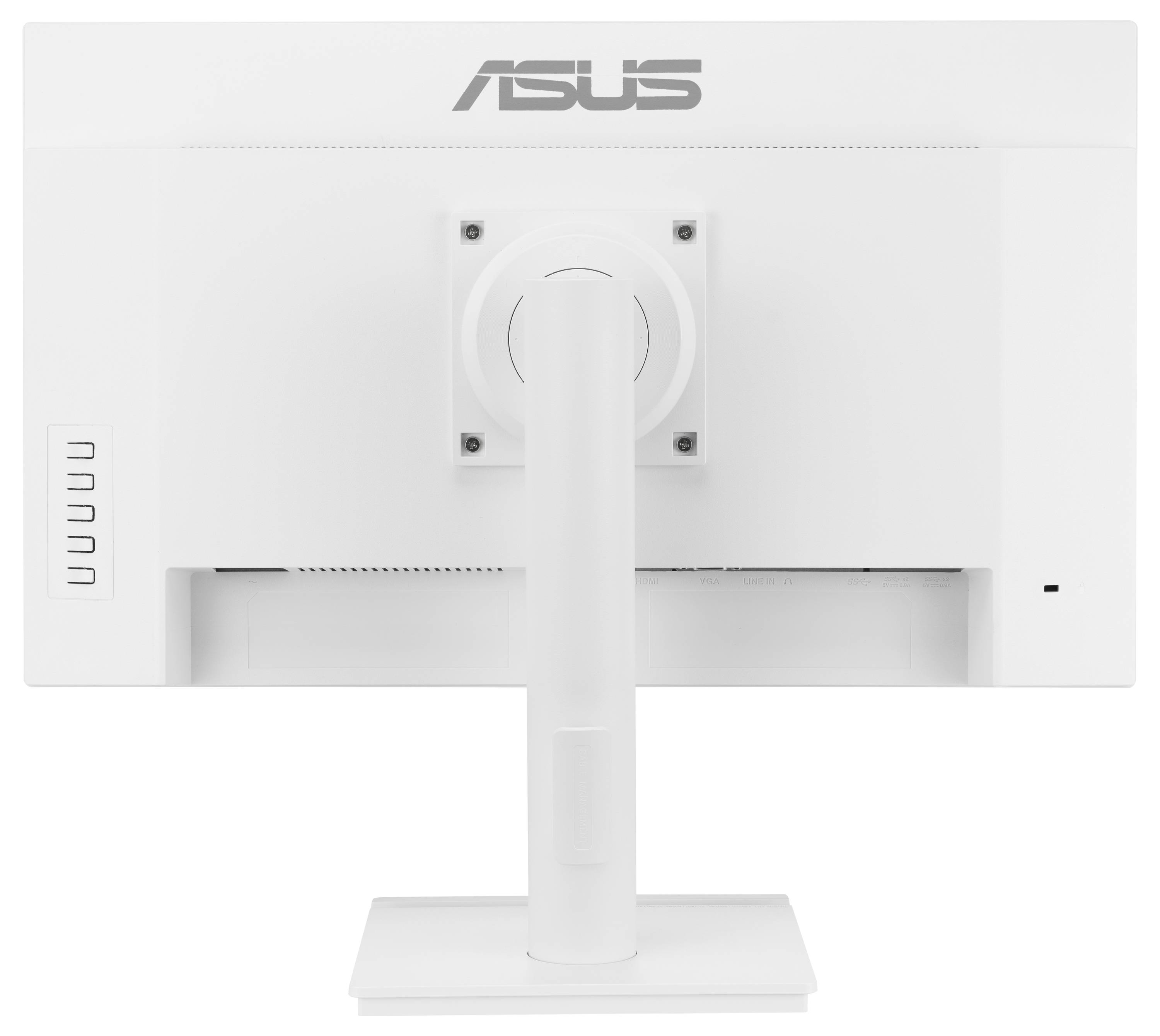 Ein weißer Computermonitor von hinten betrachtet, mit dem Markenlogo oben und einem zentralen Ständer zur Unterstützung.