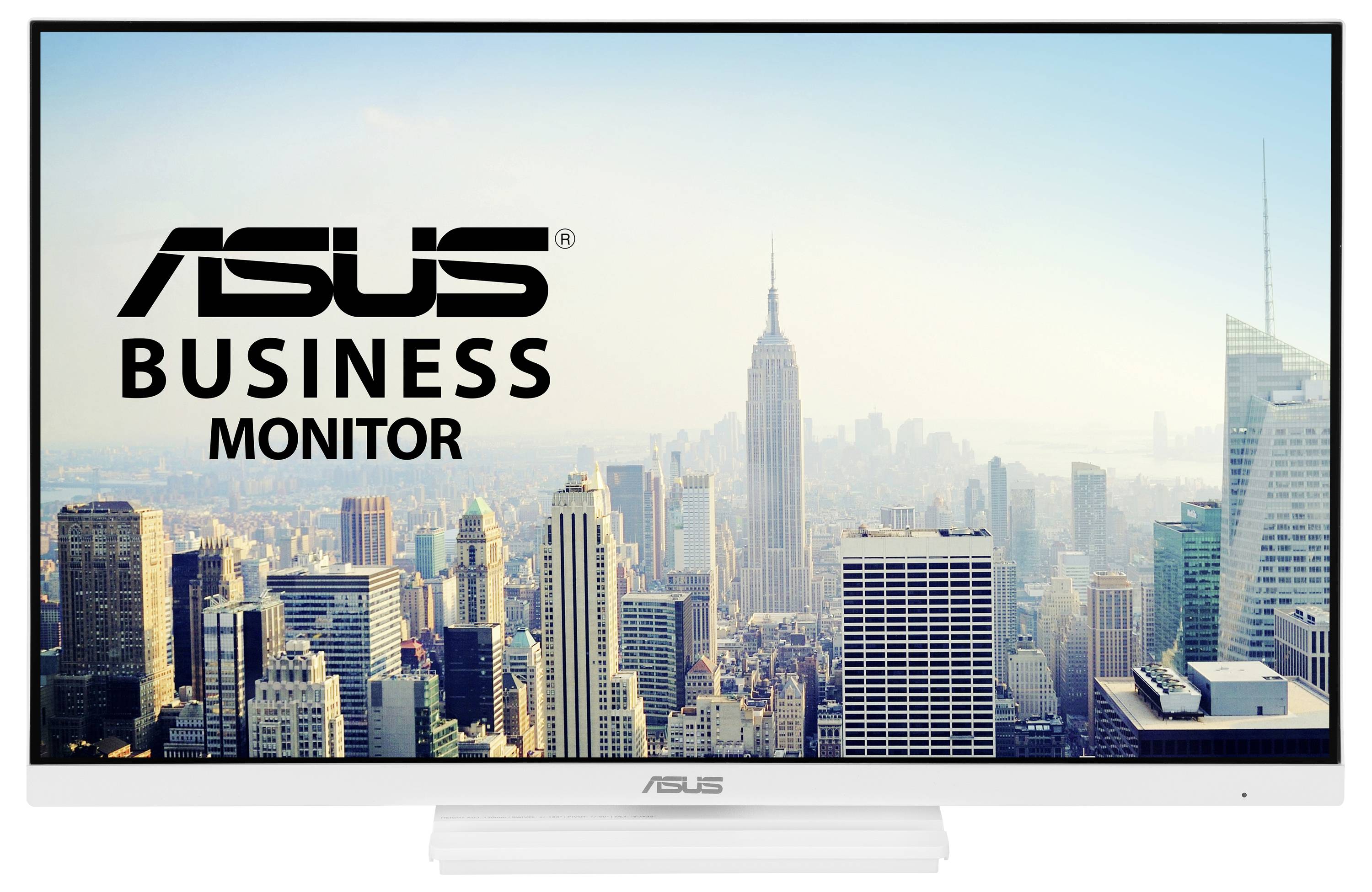 ASUS-Monitor zeigt eine Stadtsilhouette mit dem Text „ASUS Business Monitor