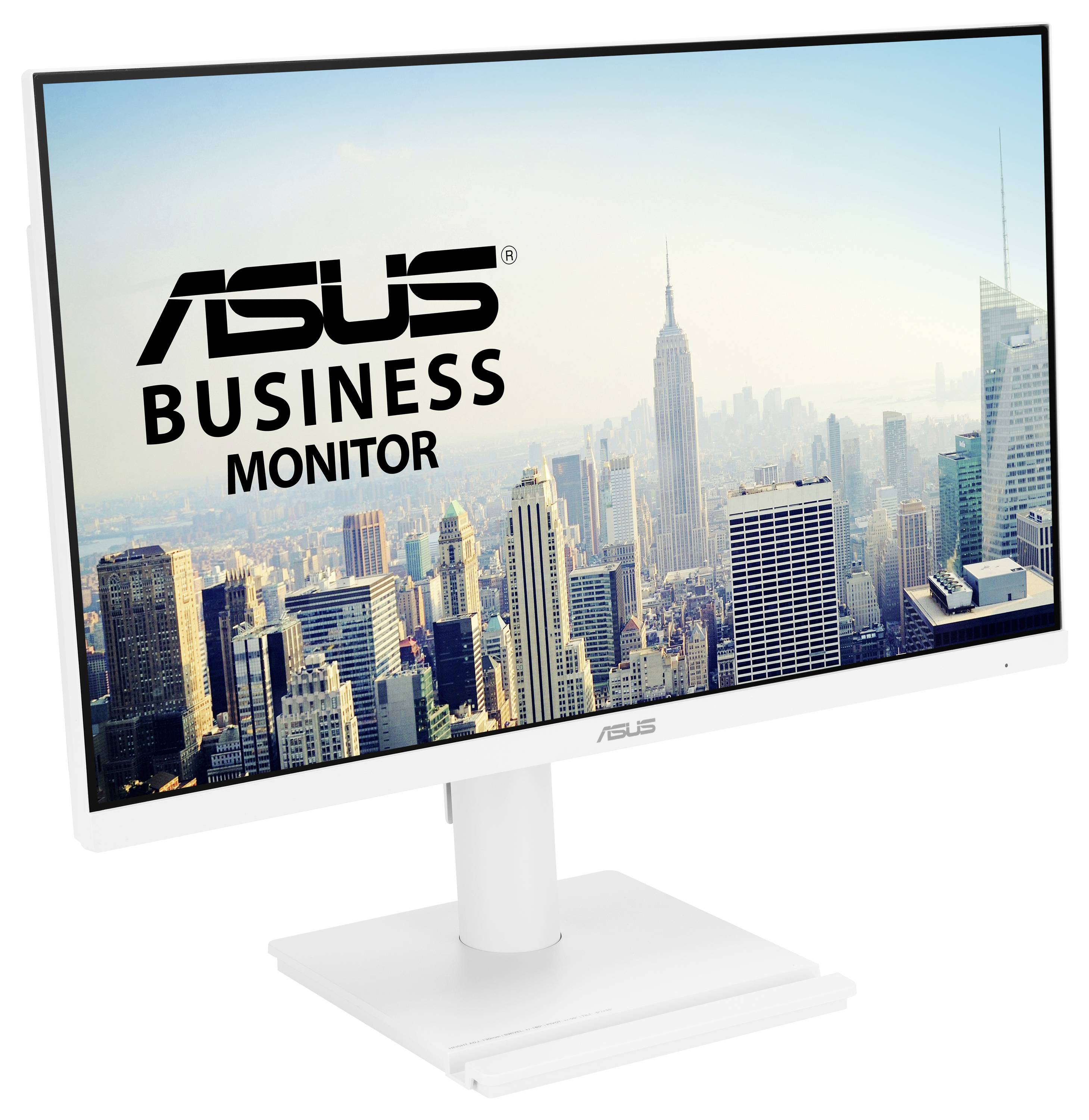 Ein Computermonitor zeigt eine Stadtsilhouette an, mit dem Text „ASUS Business Monitor
