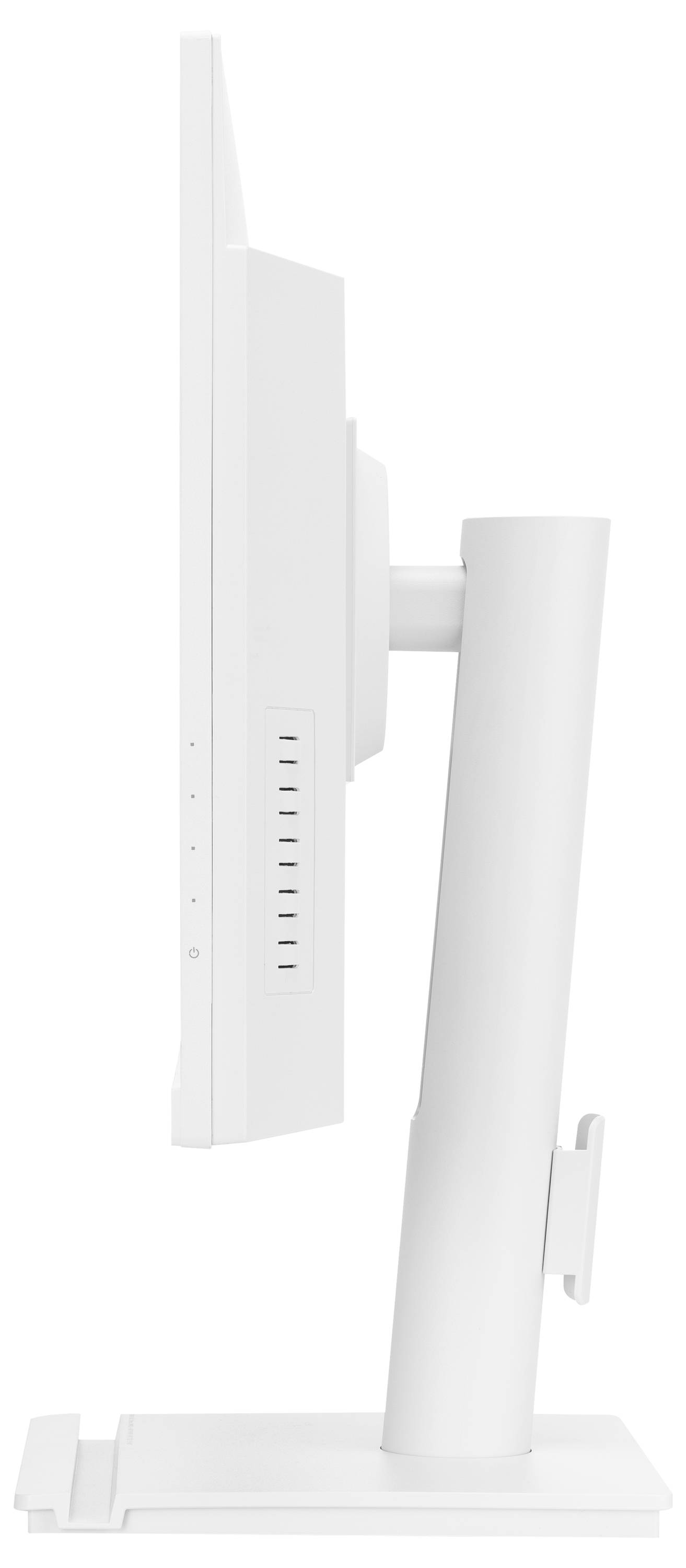 Ein schwarzer Computermonitor, von der Seite gezeigt, der sein schlankes Design und seinen eckigen Ständer hervorhebt.