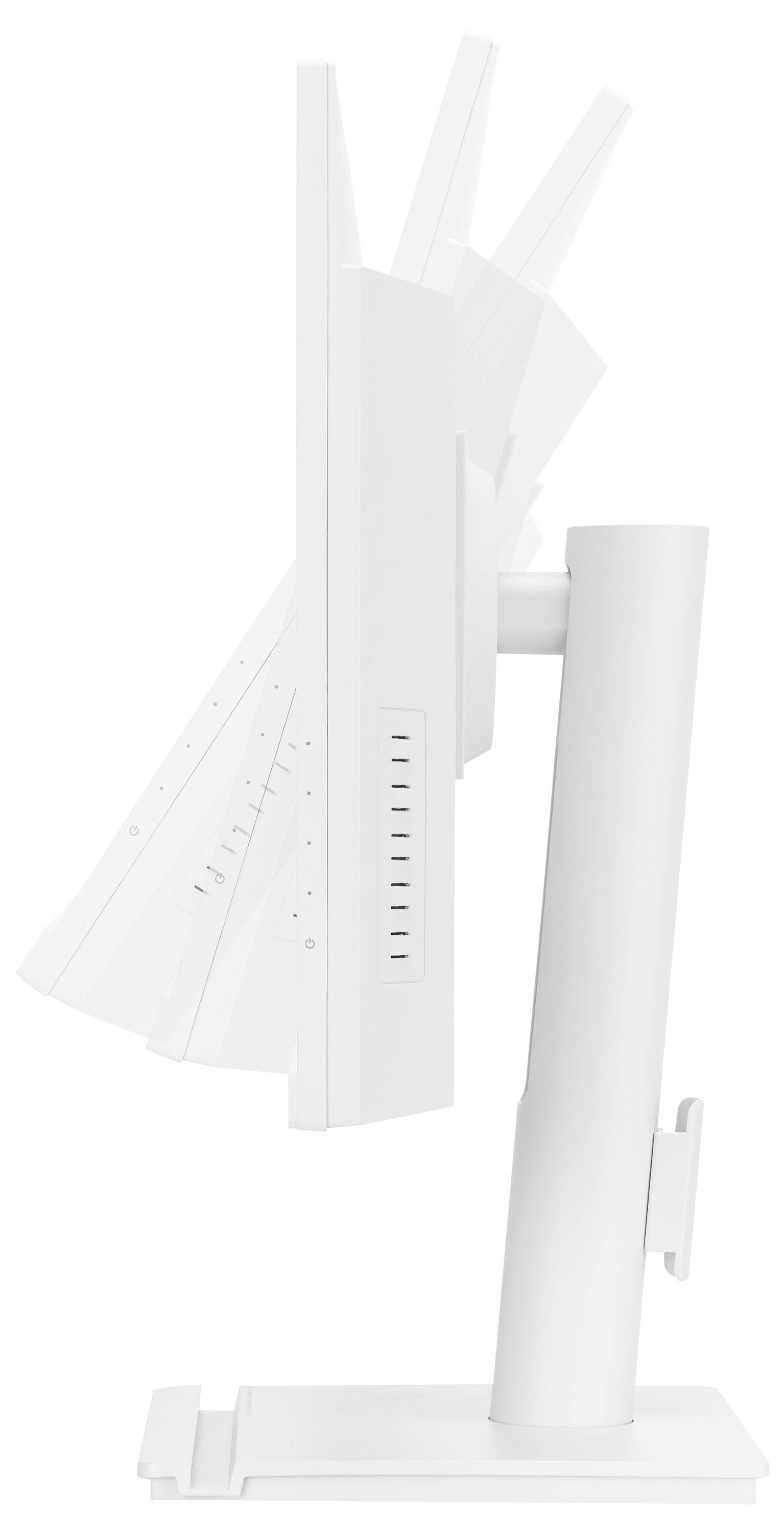 Das Bild zeigt die Rückansicht eines schwarzen Computermonitors auf einem Ständer, der seine verstellbare Halterung und Belüftungsschlitze zur Schau stellt.