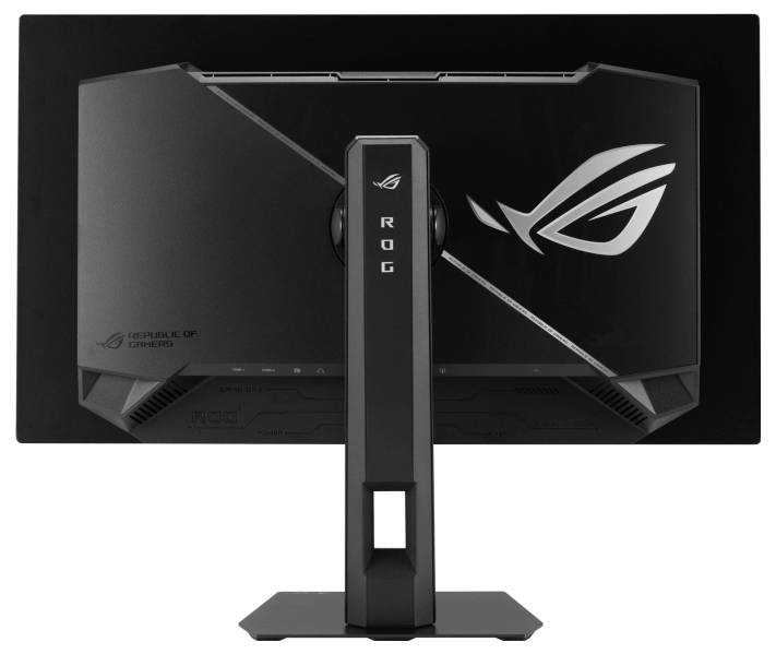 Ein weißer Gaming-Monitor mit rotem Bildschirm, auf dem ein stilisierter Charakter und ein Logo angezeigt werden. Der Bildschirm wird von der Seite auf seinem Ständer gezeigt.