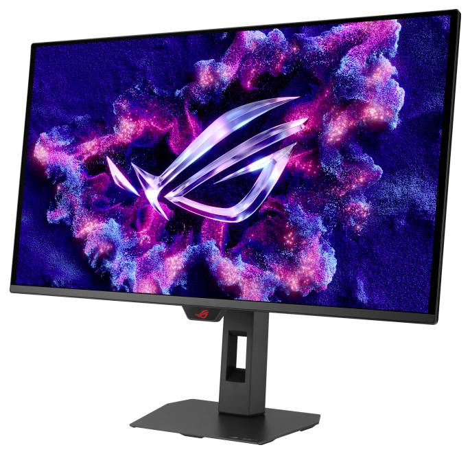 ASUS ROG Gaming-Monitor mit lebendigem rosa- und blauem kosmischem Hintergrund mit ROG-Logo in der Mitte, auf einem schwarzen Ständer montiert.