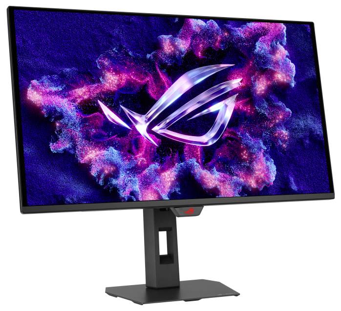 Ein Computermonitor, auf dem ein lebendiges, abstraktes digitales Design mit einem stilisierten „ROG