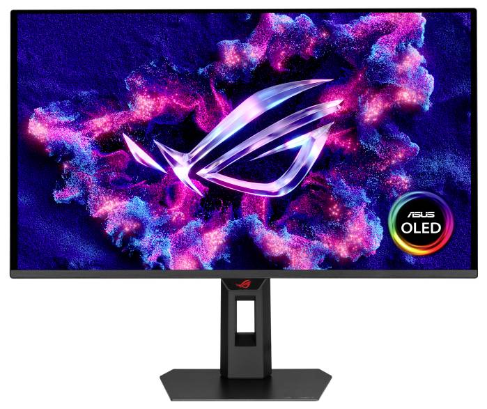 Ein Computermonitor mit lebendiger Neon-Grafik und ASUS-Logo. Das Etikett 