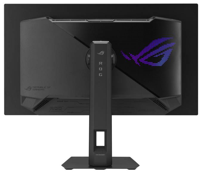 Eine Rückansicht eines Gaming-Monitors mit dem illuminierten Markenlogo in Blau auf der Rückseite, mit einem eleganten, modernen Ständerdesign.