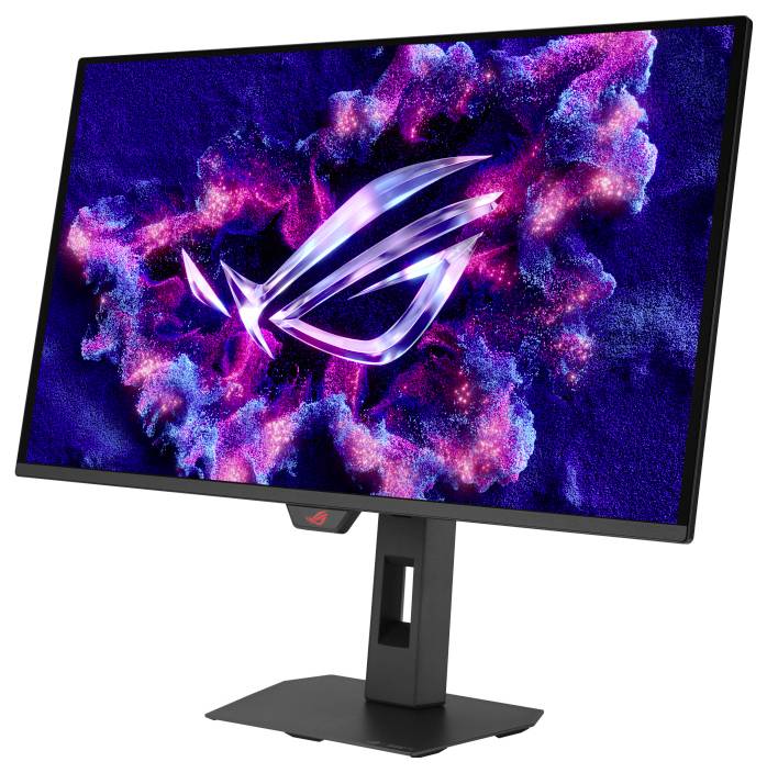 Ein Gaming-Monitor zeigt ein lebendiges abstraktes Design mit blauen und rosa Farben, die sich um ein stilisiertes Logo auf dem Bildschirm konzentrieren.