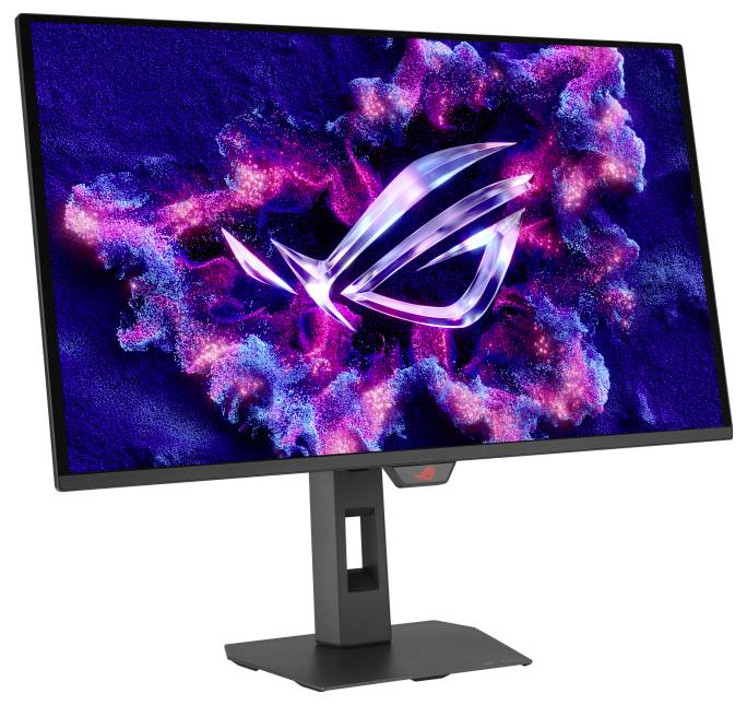 Ein Gaming-Monitor zeigt einen farbenfrohen, abstrakten Hintergrund mit einem stilisierten 