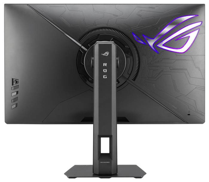 Ein Gaming-Monitor von hinten betrachtet, mit schwarzem Design, leuchtender Markierung, verstellbarem Ständer und geometrischen Mustern.
