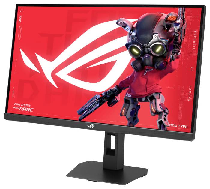 Ein Computermonitor zeigt eine Roboterfigur in roter Ausrüstung, die eine futuristische Waffe hält, mit weißem Gaming-Logo und Texthintergrund.