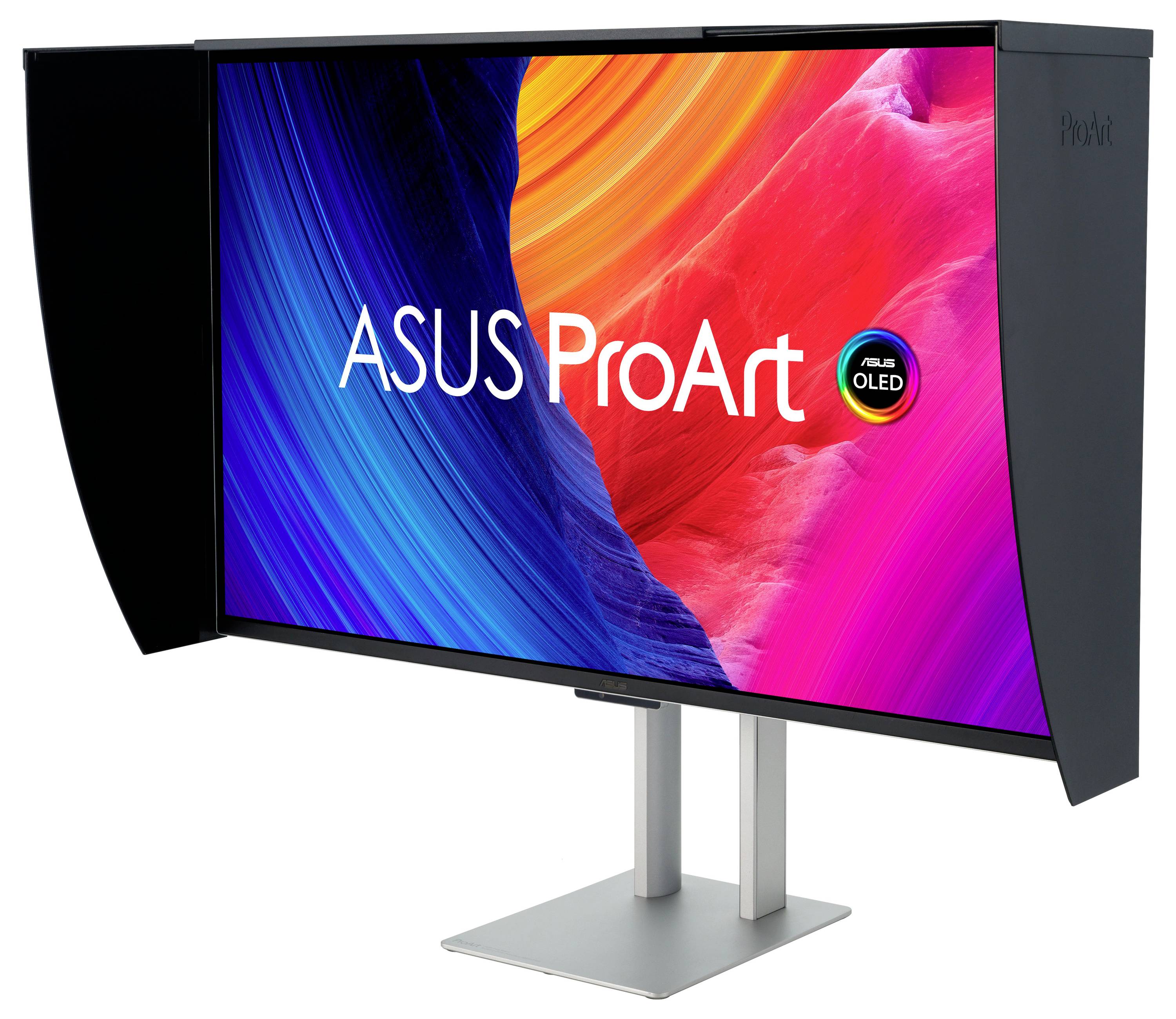 ASUS ProArt OLED-Monitor mit Farb-Kalibrierungshaube, zeigt lebendige abstrakte Farben.
