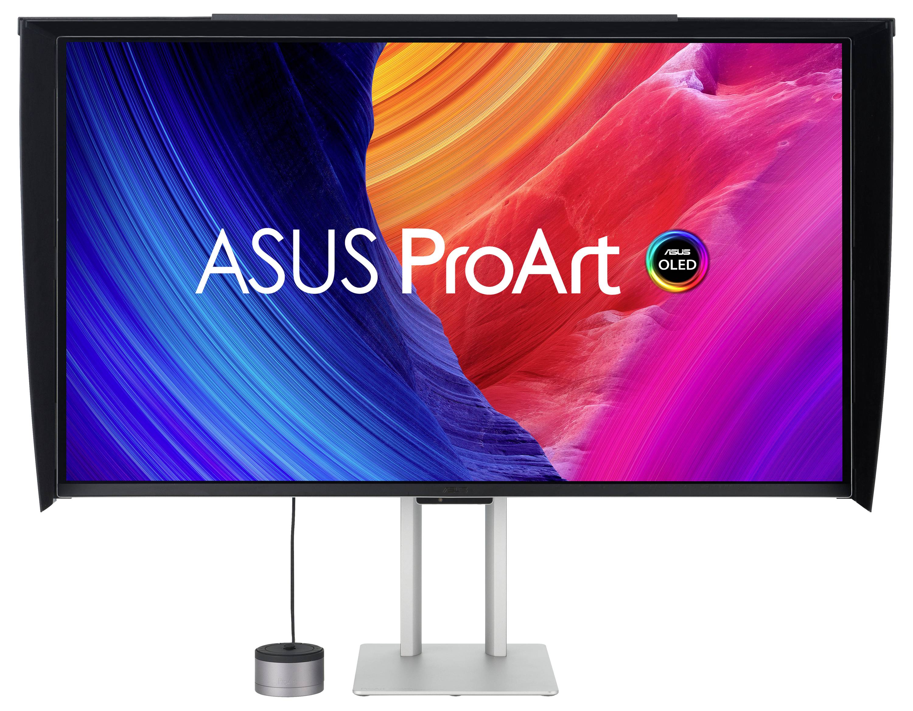 ASUS ProArt OLED-Monitor mit lebhaftem abstraktem Hintergrund in Blau-, Orange- und Rosatönen, das Farbgenauigkeit und Kontrast zur Schau stellt.