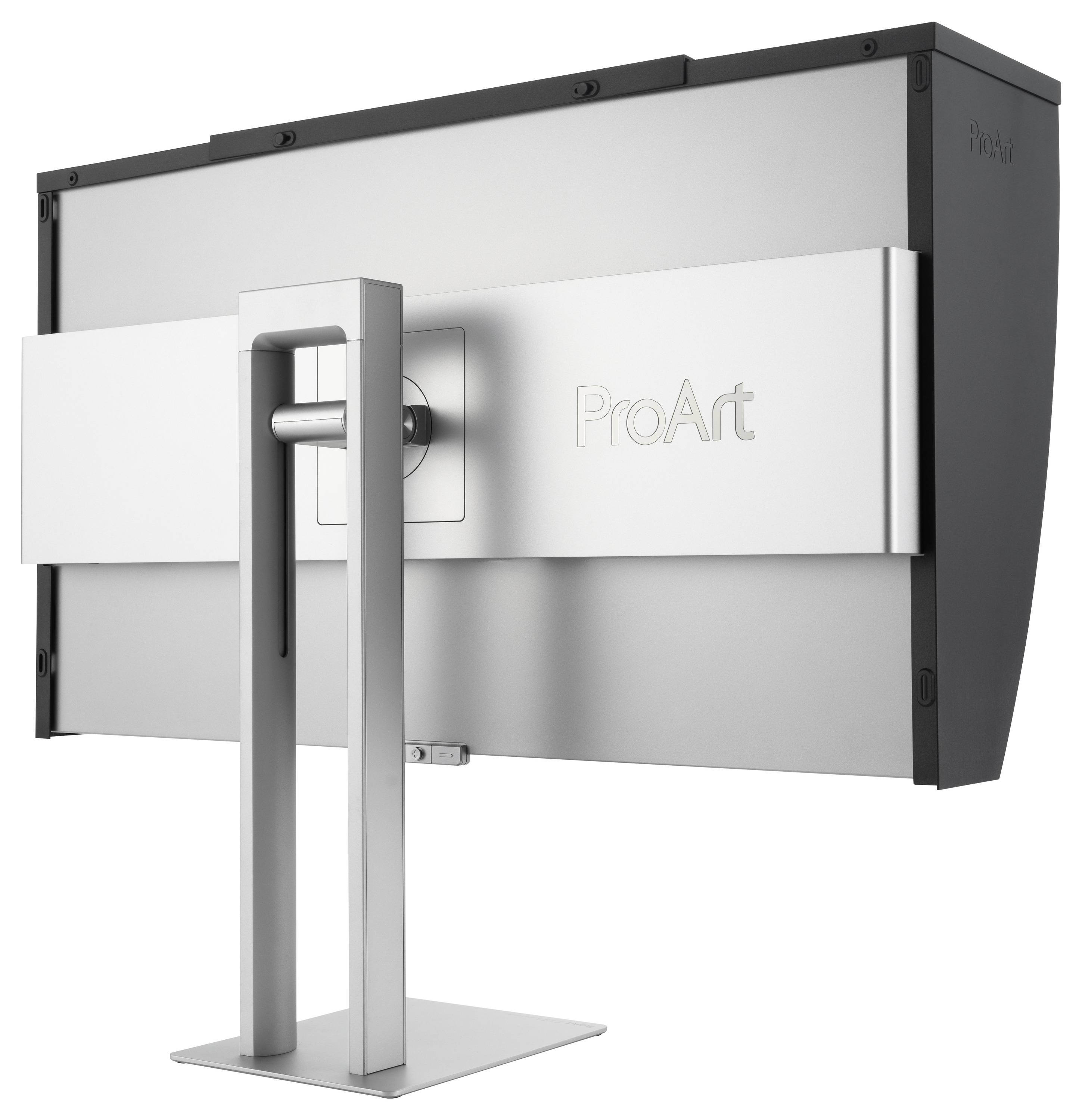 Rückansicht eines ProArt-Monitors auf einem Ständer, die das elegante Design und den verstellbaren Ständer zeigt, geeignet für professionelle Anwendung.
