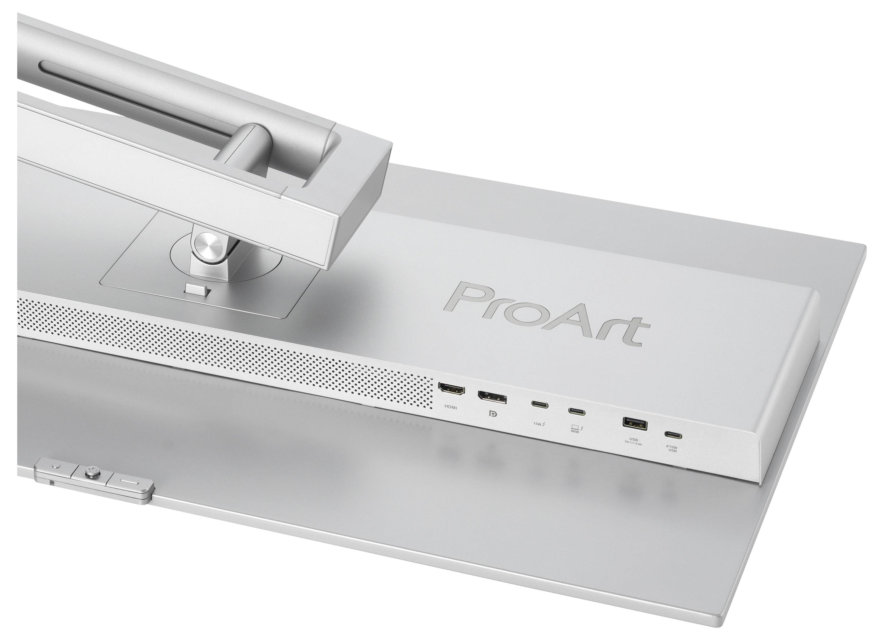 Ein schwarzer Asus-Computermonitor von hinten betrachtet, mit einem Ständer und Lüftungsschlitzen oben zur Kühlung. Keine weiteren Details sichtbar.