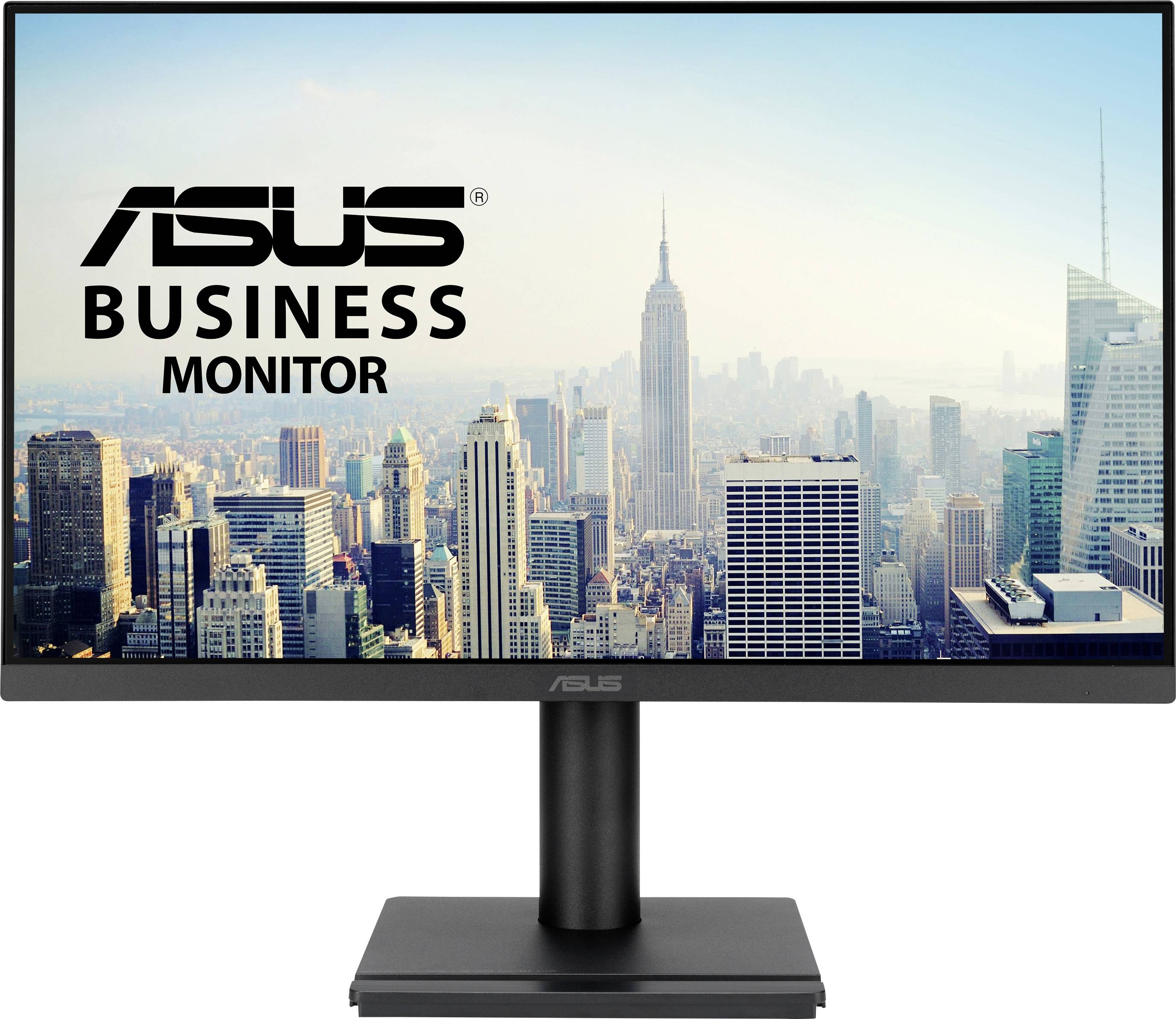 Monitor zeigt eine Stadtskyline mit dem Text „ASUS Business Monitor