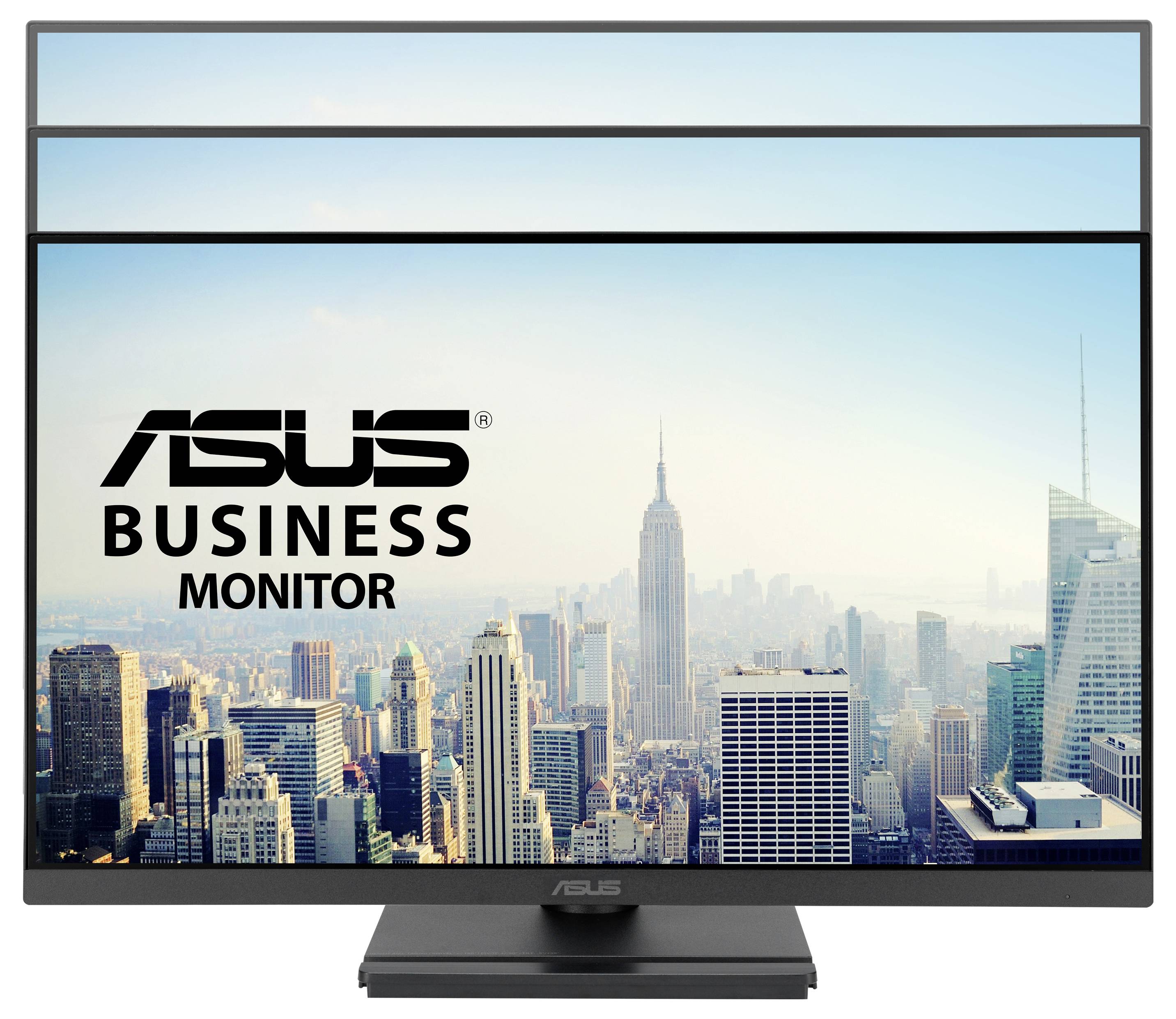 Ein Computermonitor zeigt ein buntes abstraktes Design mit dem prominent in der Mitte positionierten 