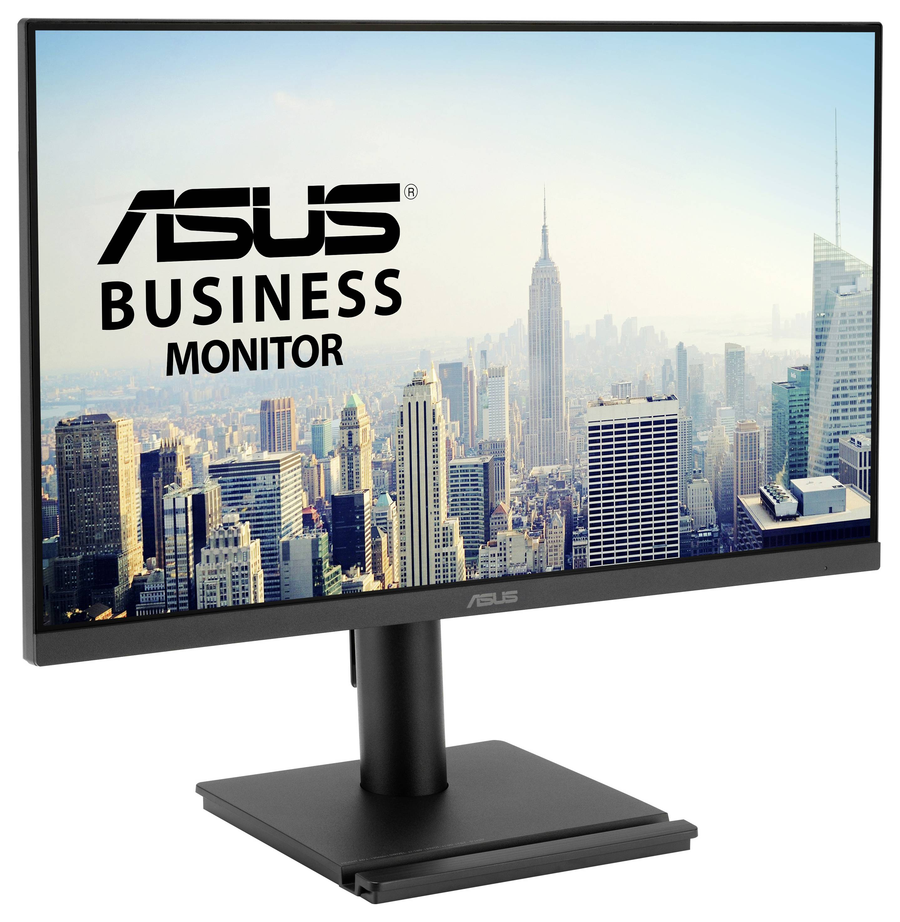 ASUS-Monitor mit dünnen Rahmen, zeigt einen farbenfrohen abstrakten Hintergrund in Blau-, Grün- und Orangetönen.