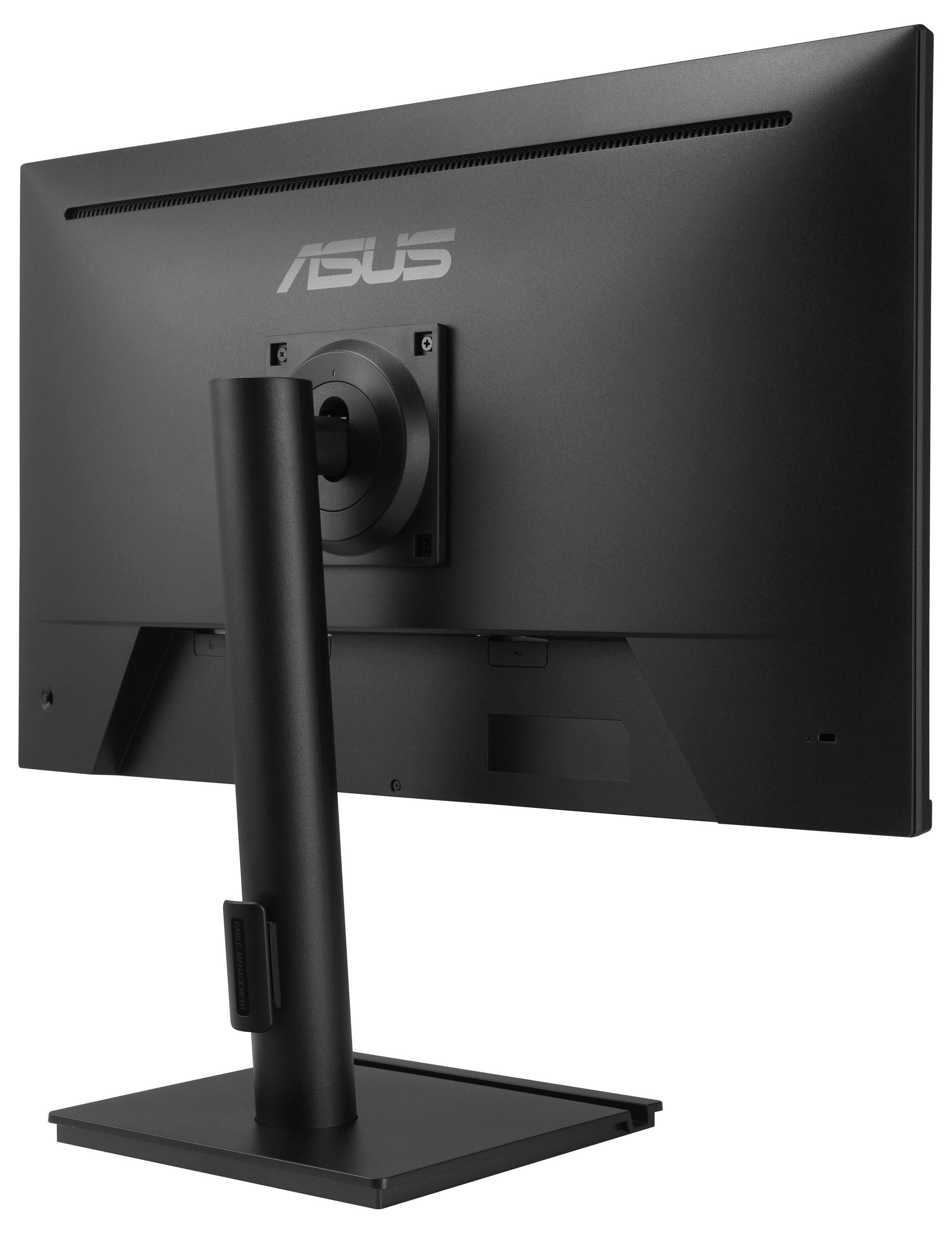 Ein schwarzer Computermonitor von hinten betrachtet, mit einem Ständer und dem Markenlogo auf dem oberen Teil sichtbar.